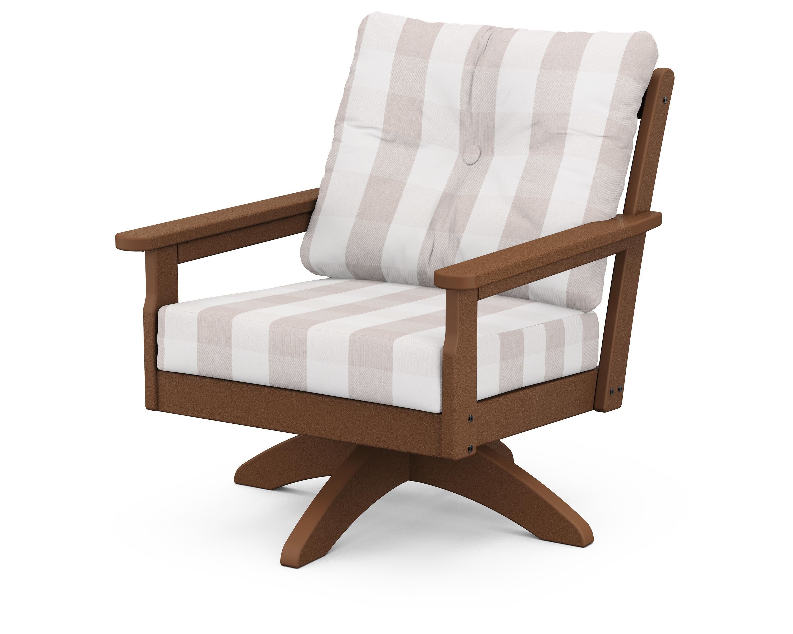 Vineyard Deep Seating Swivel Chair in Teak / Buffalo Plaid Dune Burlap