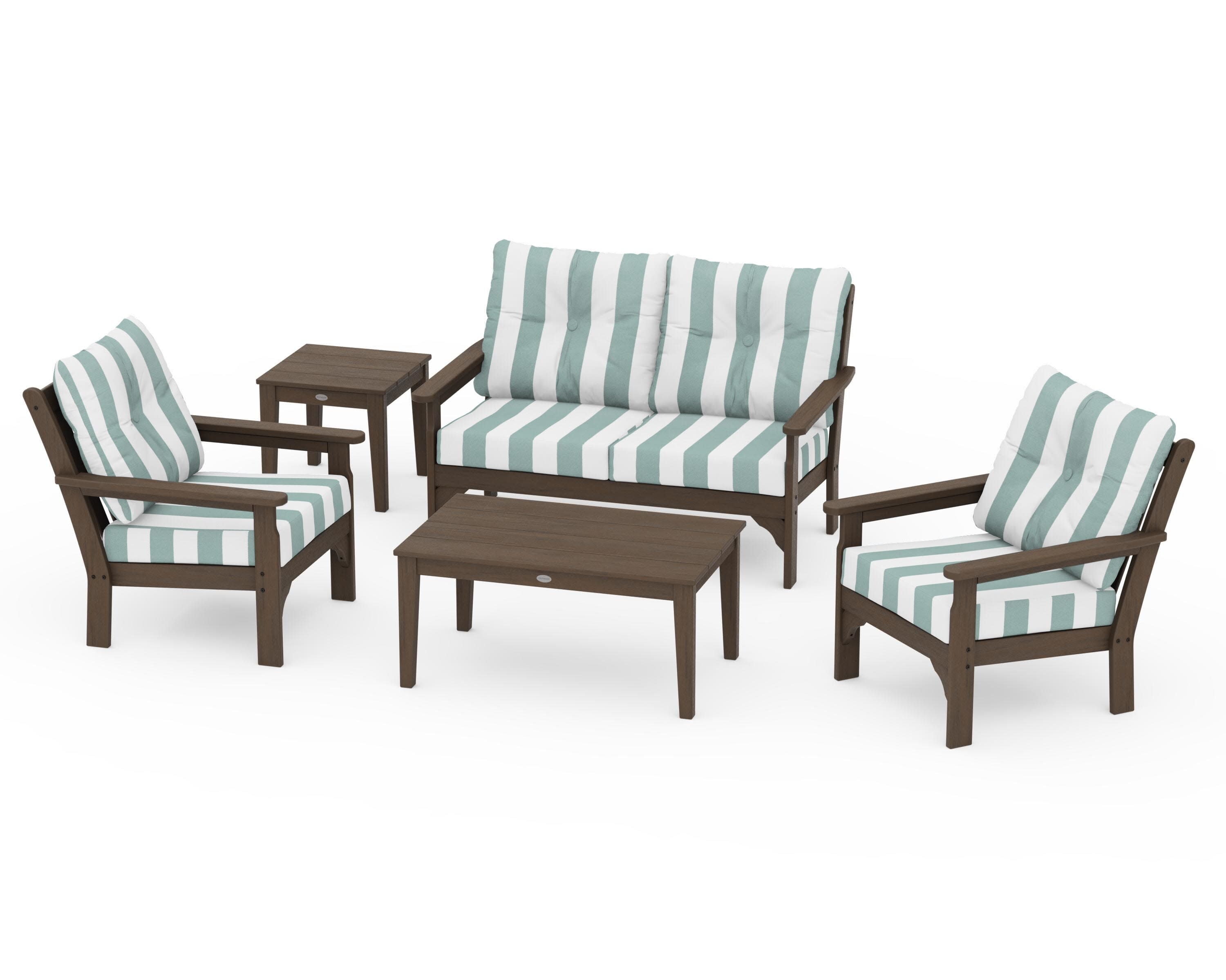 Vineyard 5-Piece Deep Seating Set in Kona / Cabana Stripe Glacier Spa
