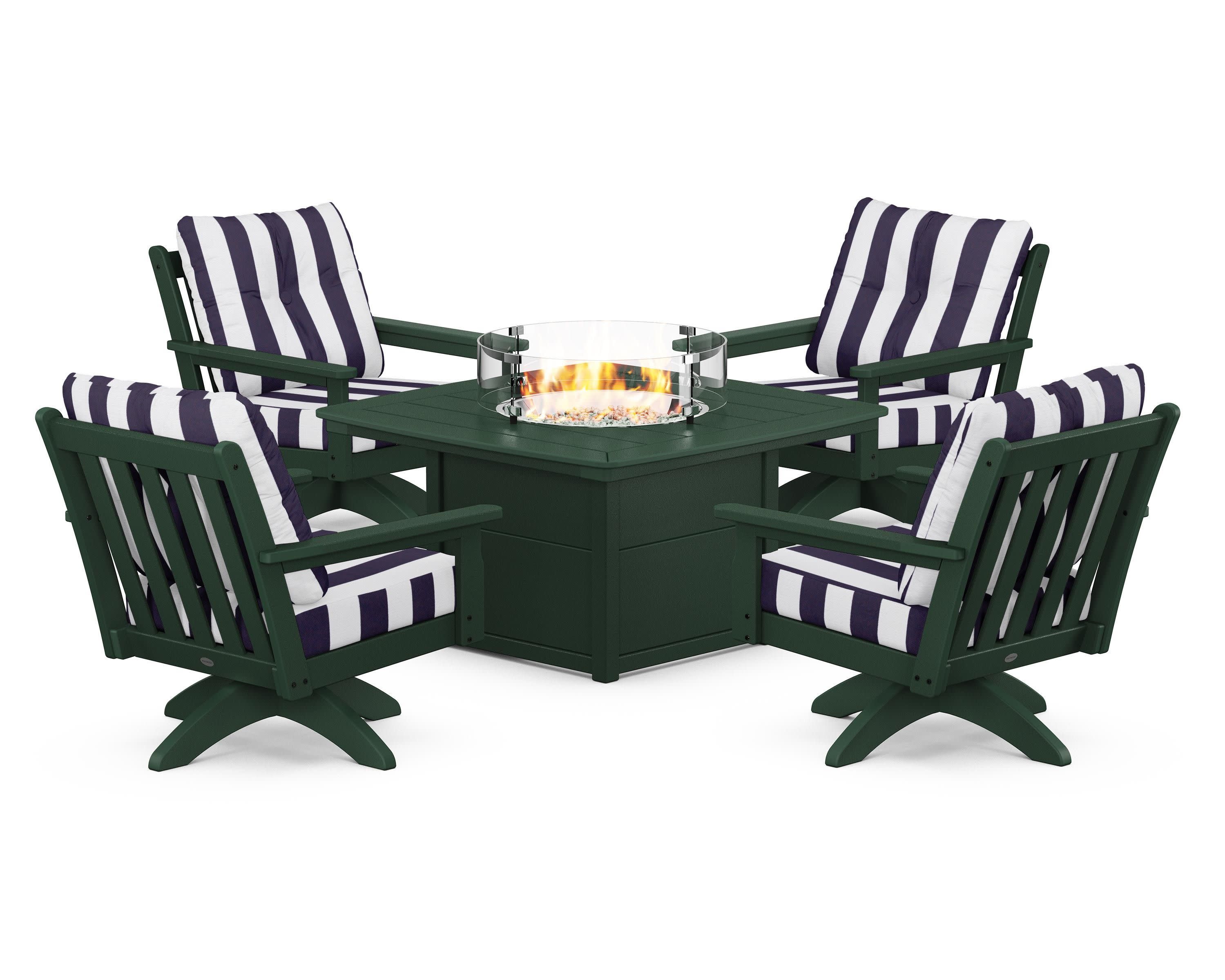 Vineyard 5-Piece Deep Seating Swivel Conversation Set with Fire Pit Table in Green / Cabana Stripe Navy