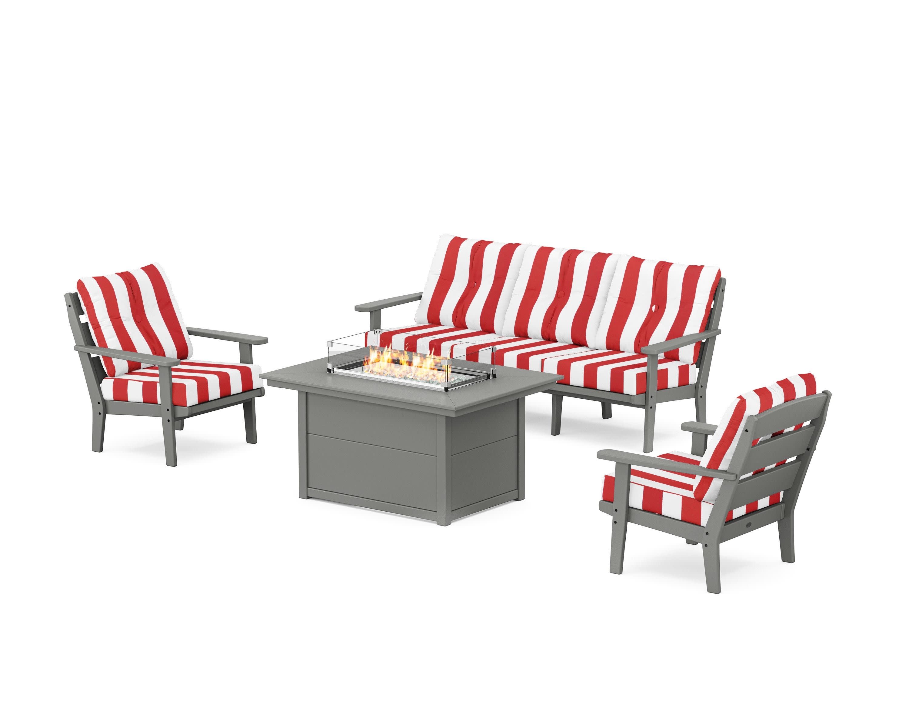 Lakeside Deep Seating Fire Pit Table Set in Slate Grey / Cabana Stripe Crimson