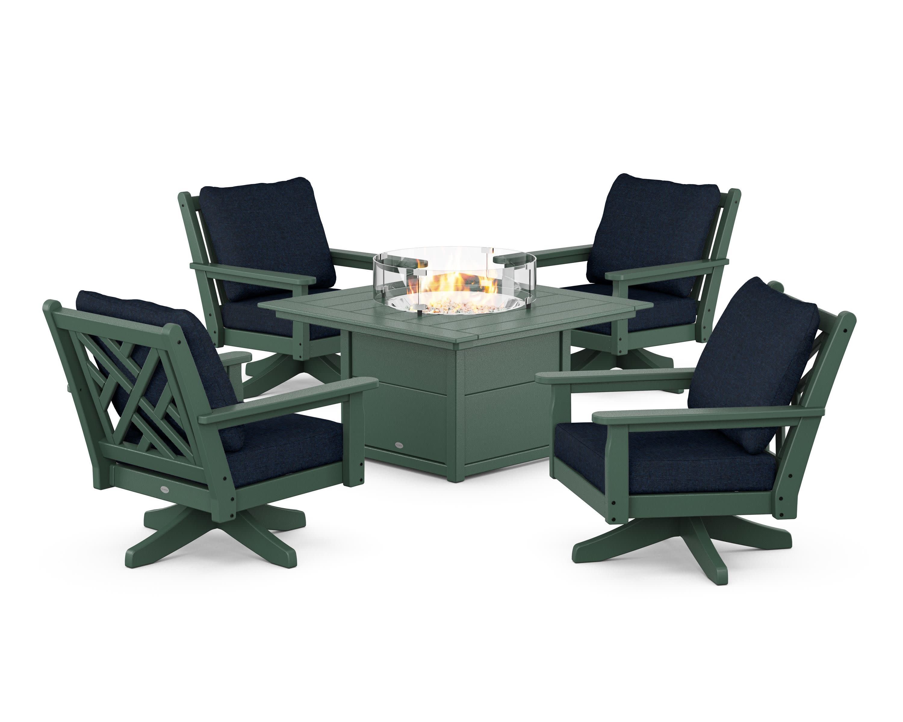 Chippendale 5-Piece Deep Seating Swivel Conversation Set with Fire Pit Table in Green / Marine Indigo