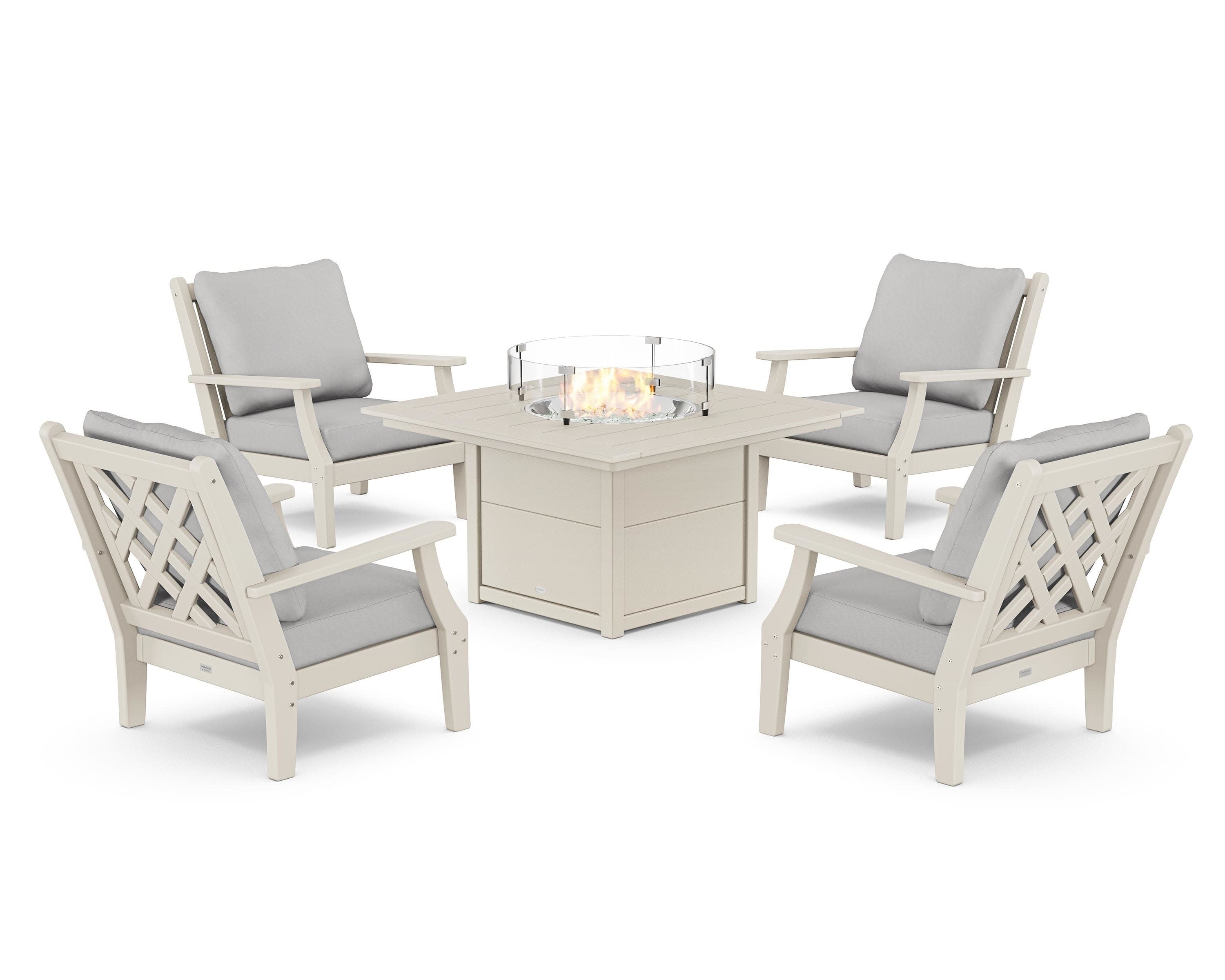 Wovendale 5-Piece Deep Seating Set with Fire Pit Table in Sand / Diamond in the Rough