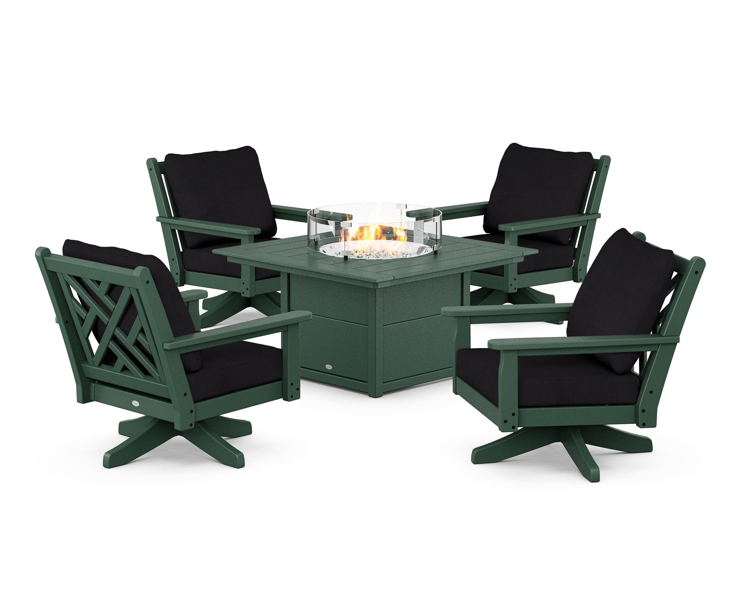 Chippendale 5-Piece Deep Seating Swivel Conversation Set with Fire Pit Table in Green / Midnight Linen