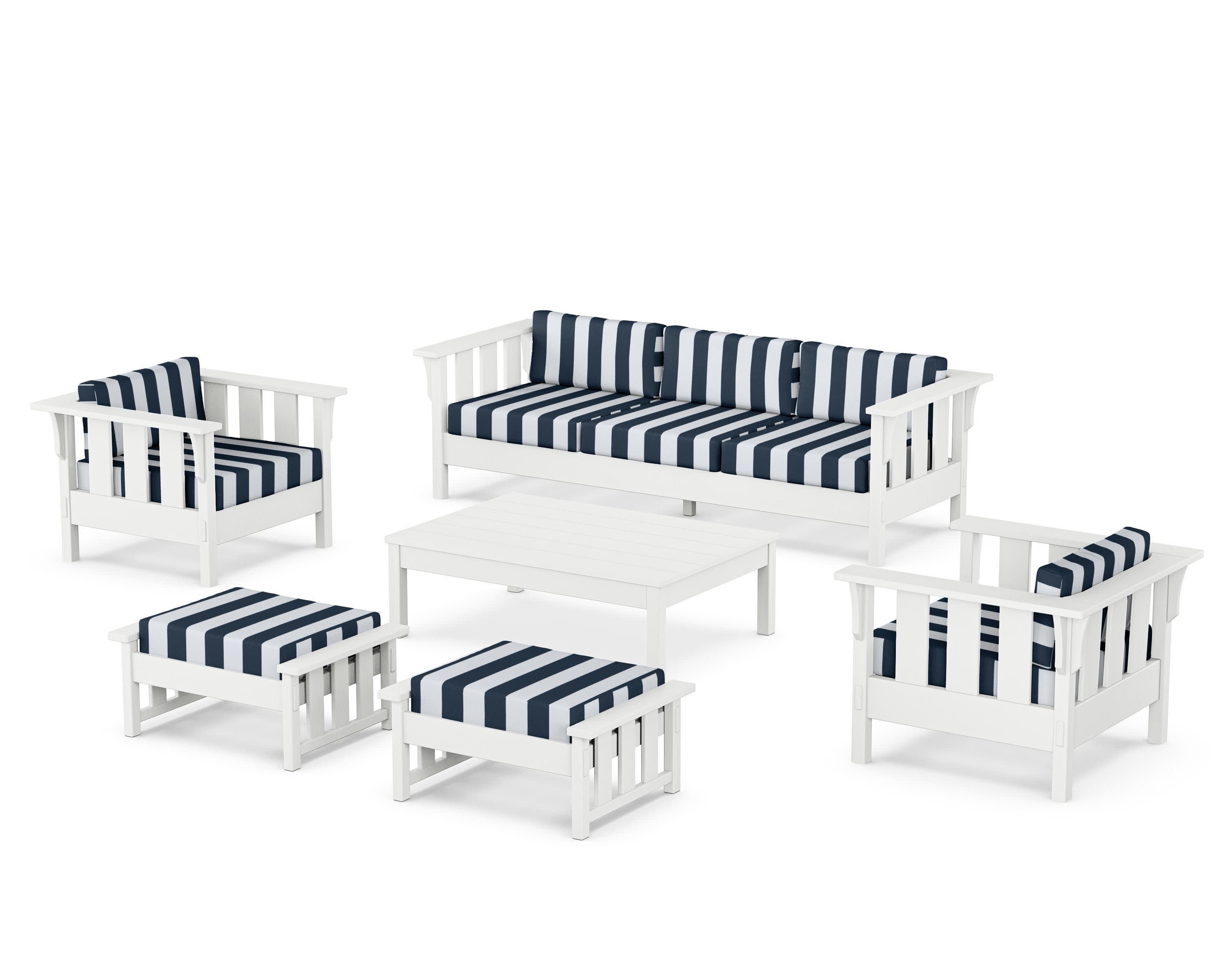 Acadia 6-Piece Lounge Sofa Set in White / Cabana Stripe Marine Indigo