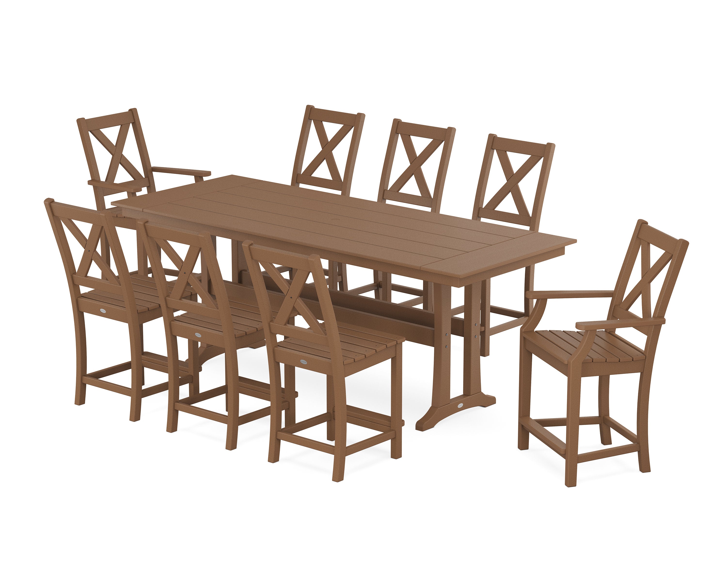 Braxton 9-Piece Farmhouse Counter Set with Trestle Legs in Teak