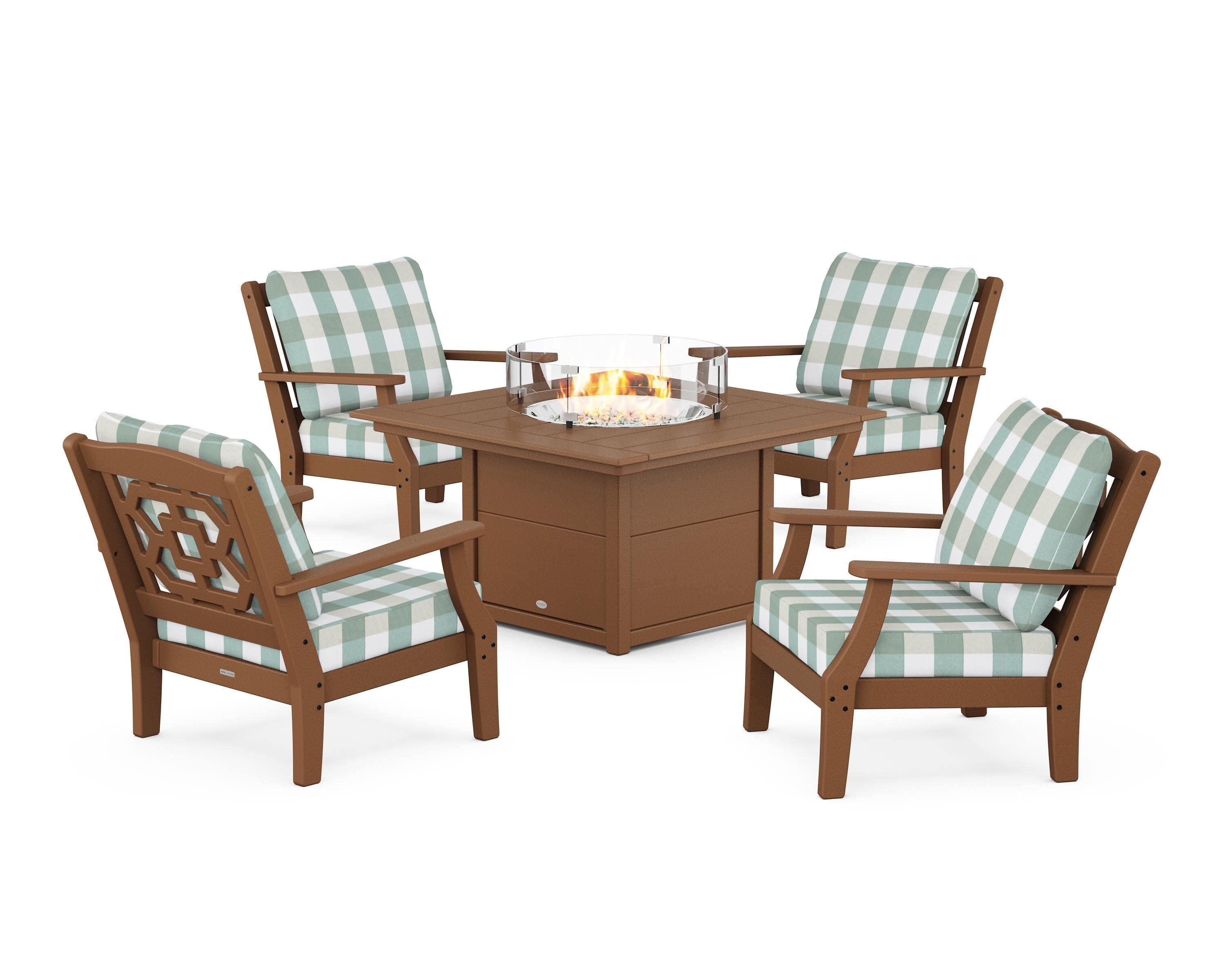 Chinoiserie 5-Piece Deep Seating Set with Fire Pit Table in Teak / Buffalo Plaid Glacier Spa