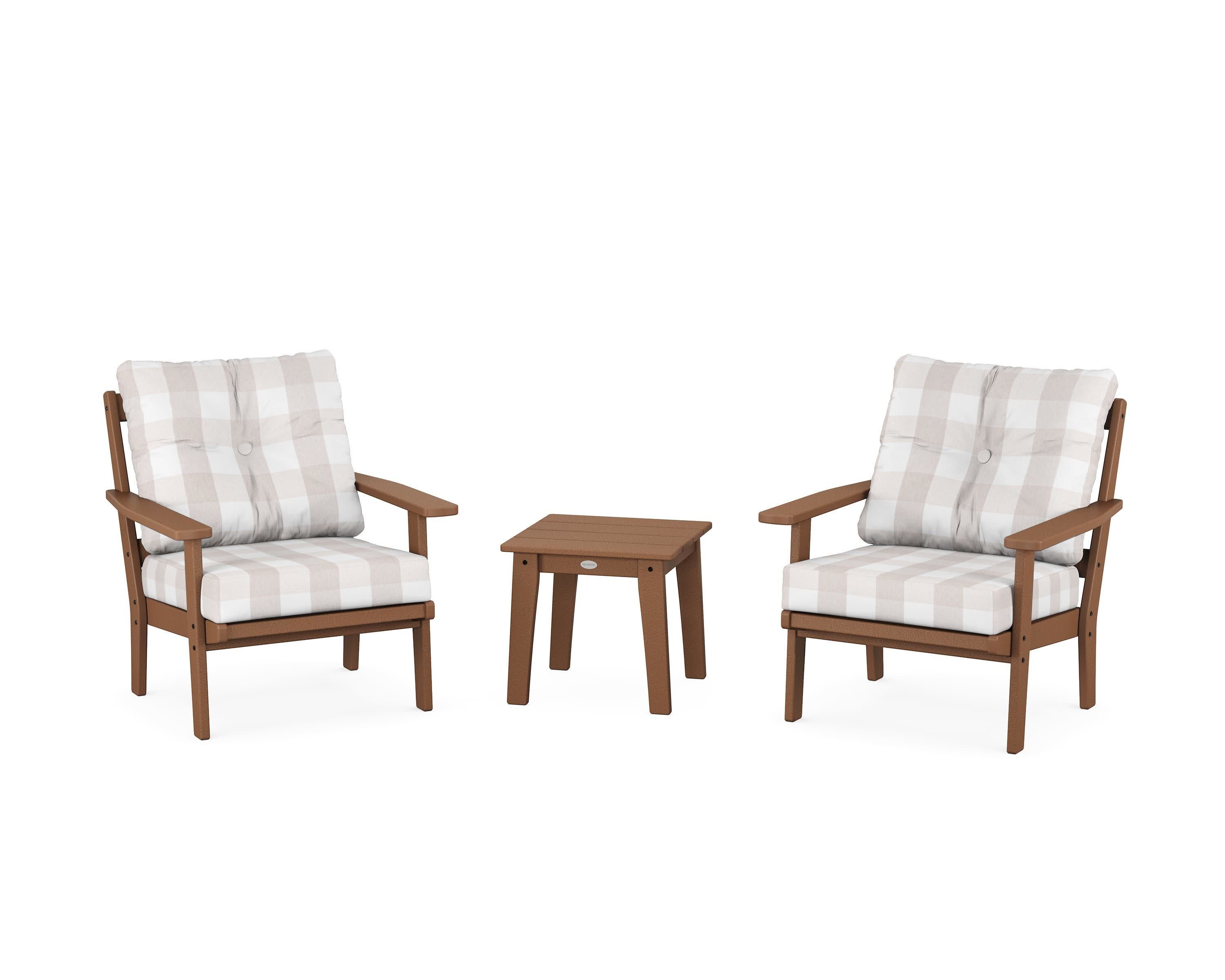 Oxford 3-Piece Deep Seating Set in Teak / Buffalo Plaid Dune Burlap