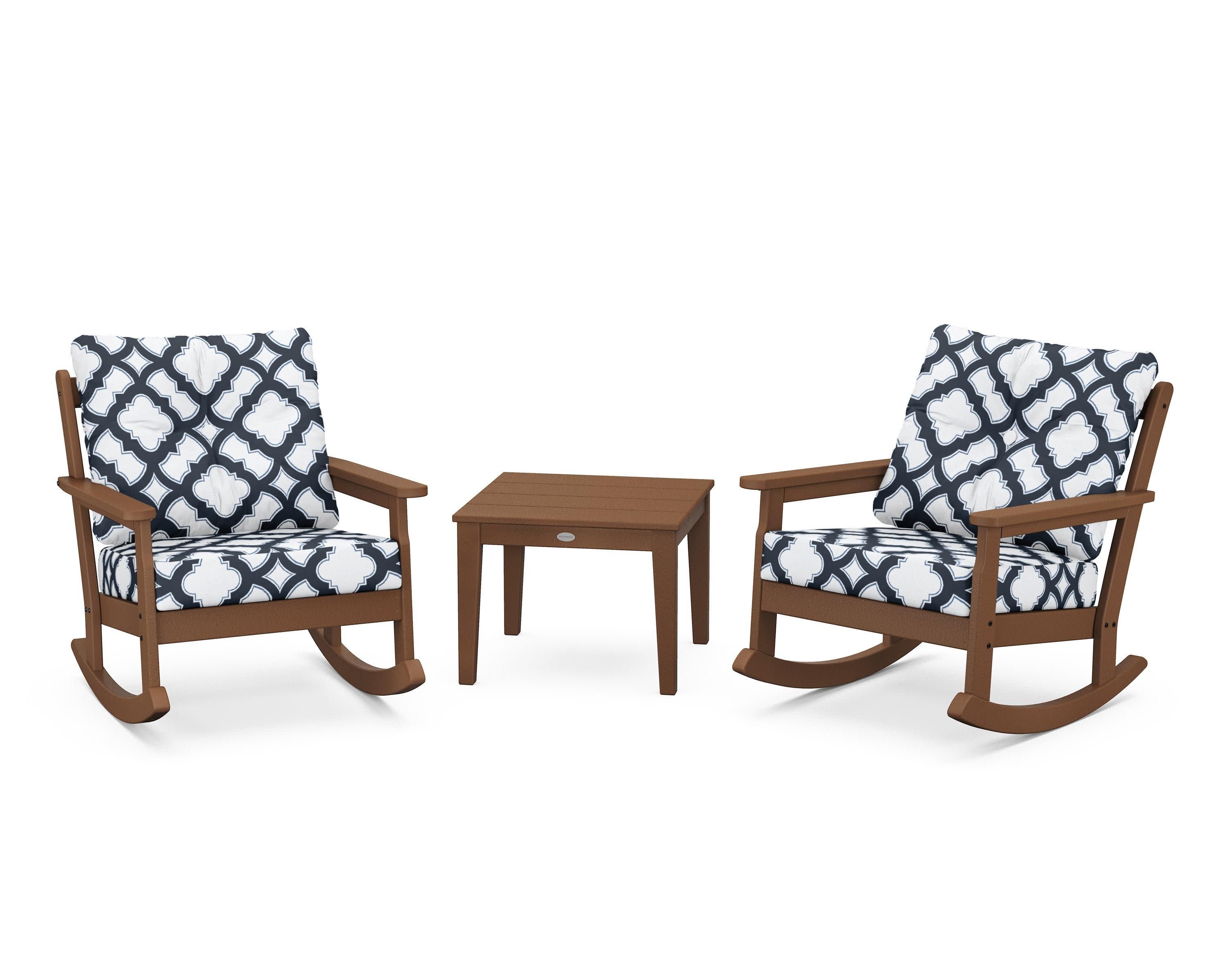 Vineyard 3-Piece Deep Seating Rocker Set in Teak / Trellis Marine Indigo