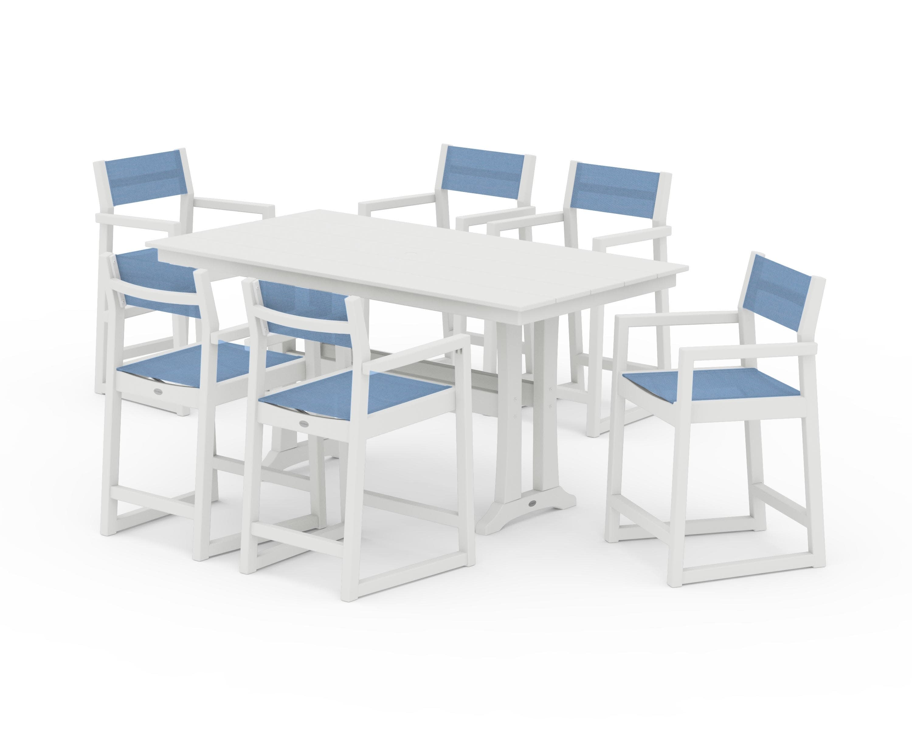 EDGE Sling Arm Chair 7-Piece Farmhouse Counter Set with Trestle Legs in Vintage White / Poolside Sling