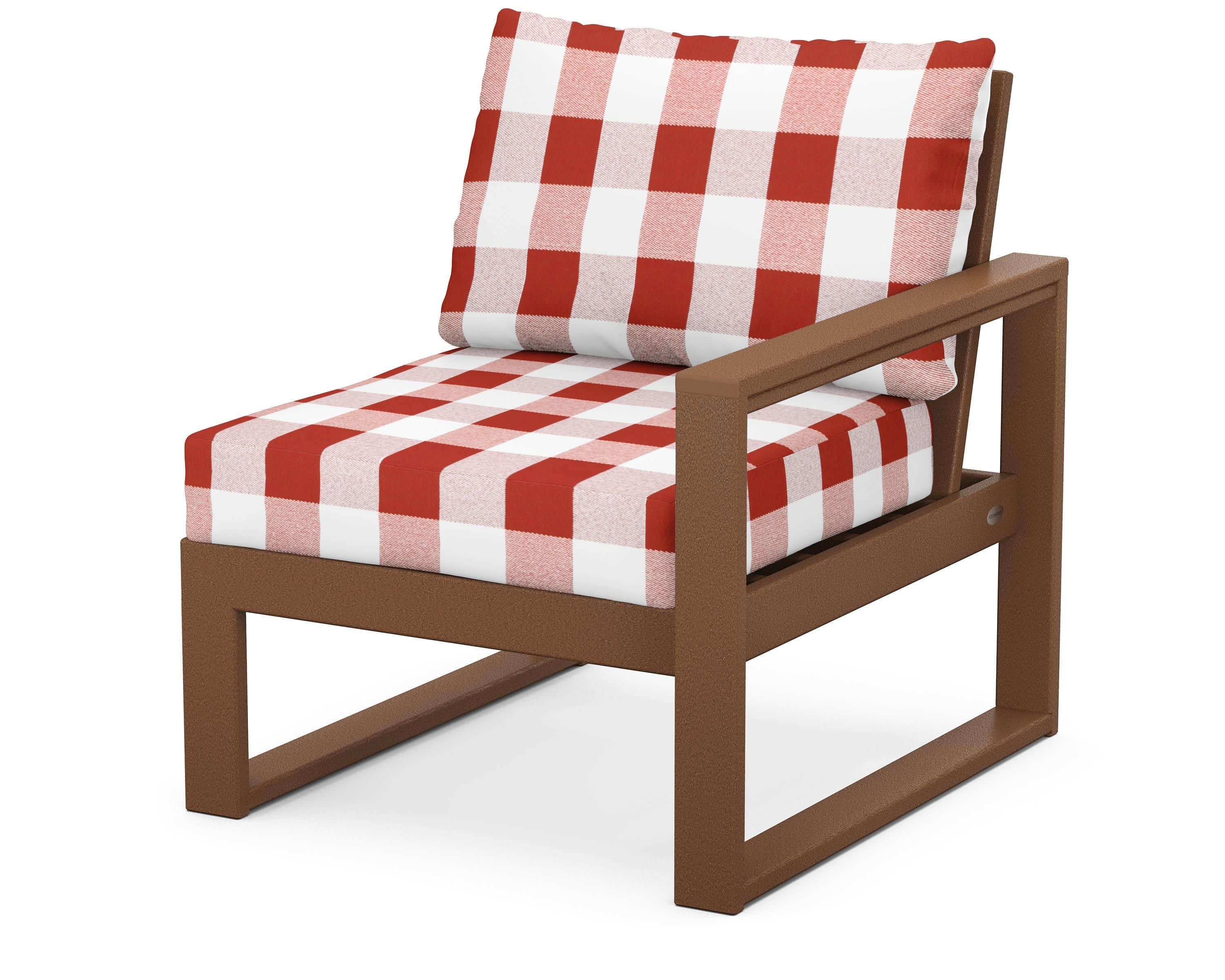 EDGE Modular Right Arm Chair in Teak / Buffalo Plaid Crimson