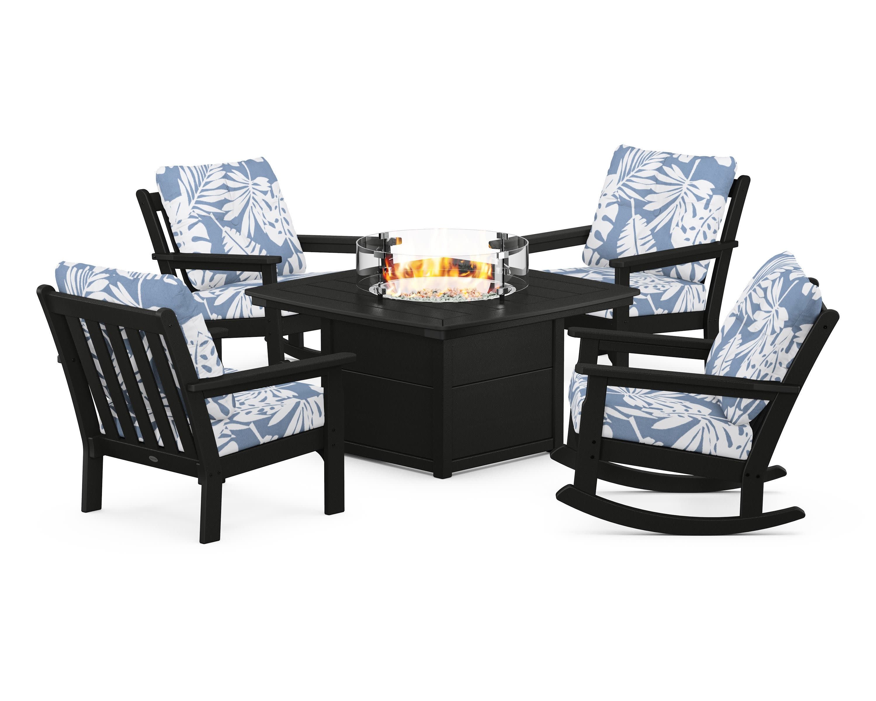 Vineyard 5-Piece Deep Seating Rocking Chair Conversation Set with Fire Pit Table in Black / Leaf Sky Blue