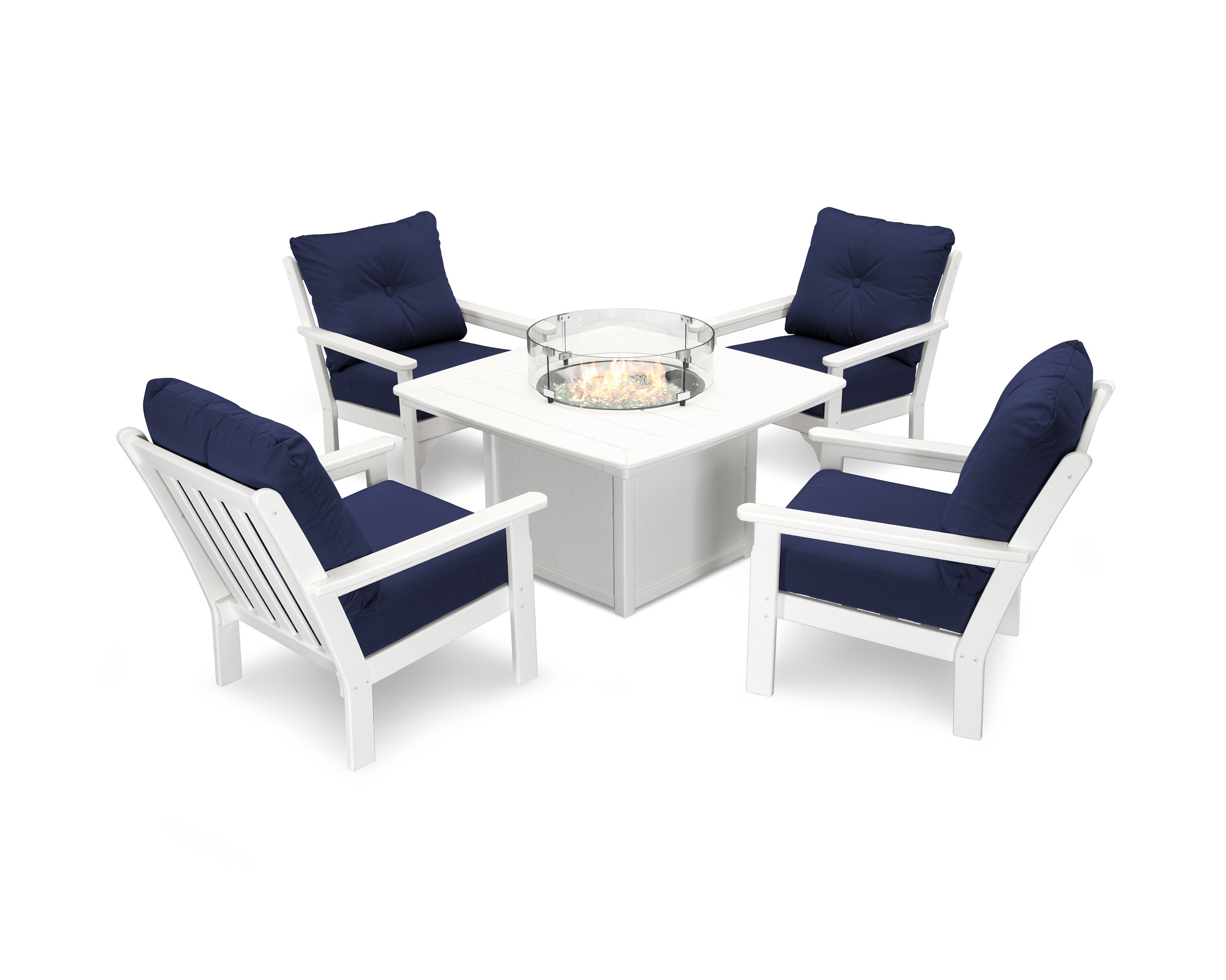 Vineyard 5-Piece Conversation Set with Fire Pit Table in White / Navy