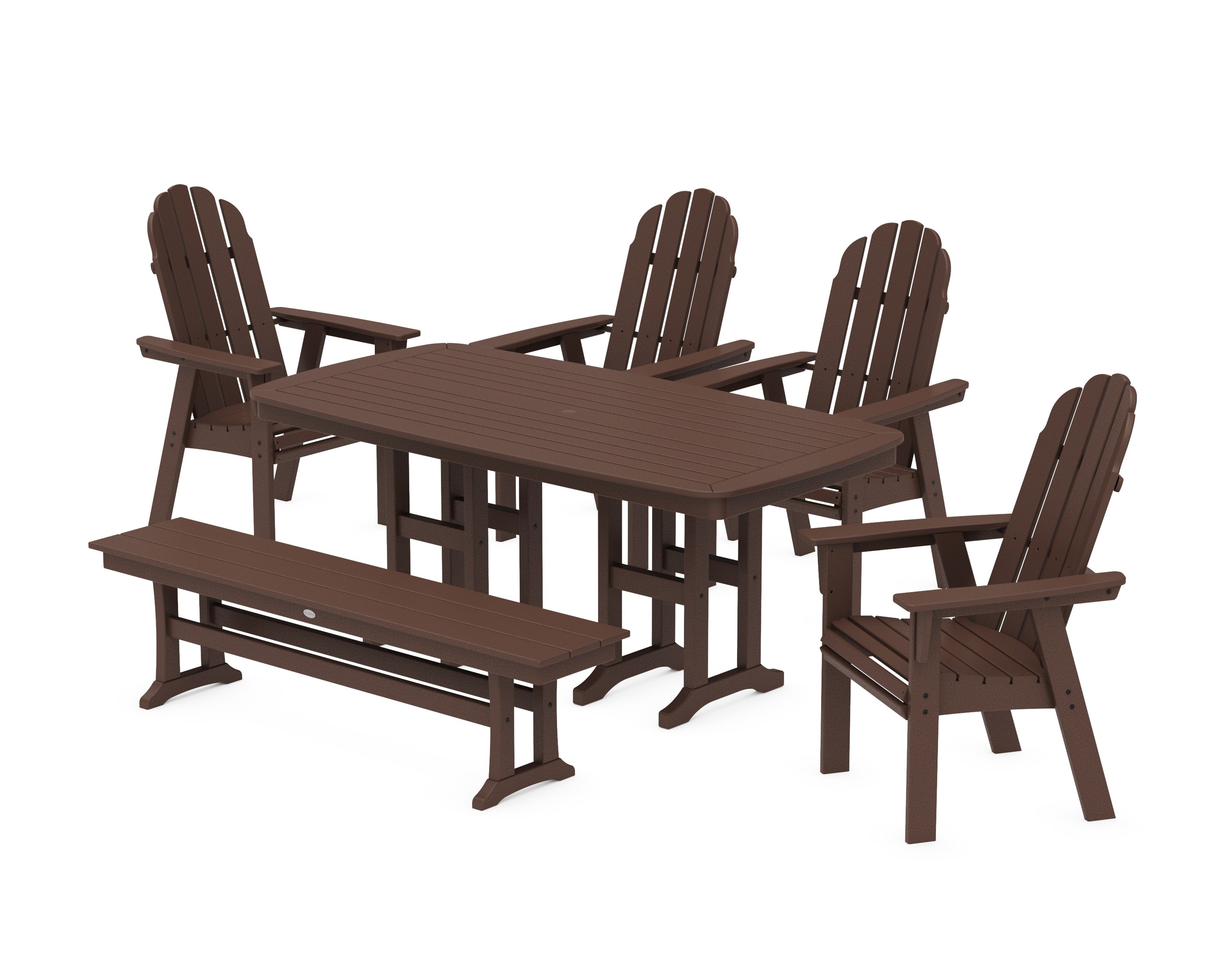 Vineyard Curveback Adirondack Chair 6-Piece Dining Set with Bench in Mahogany