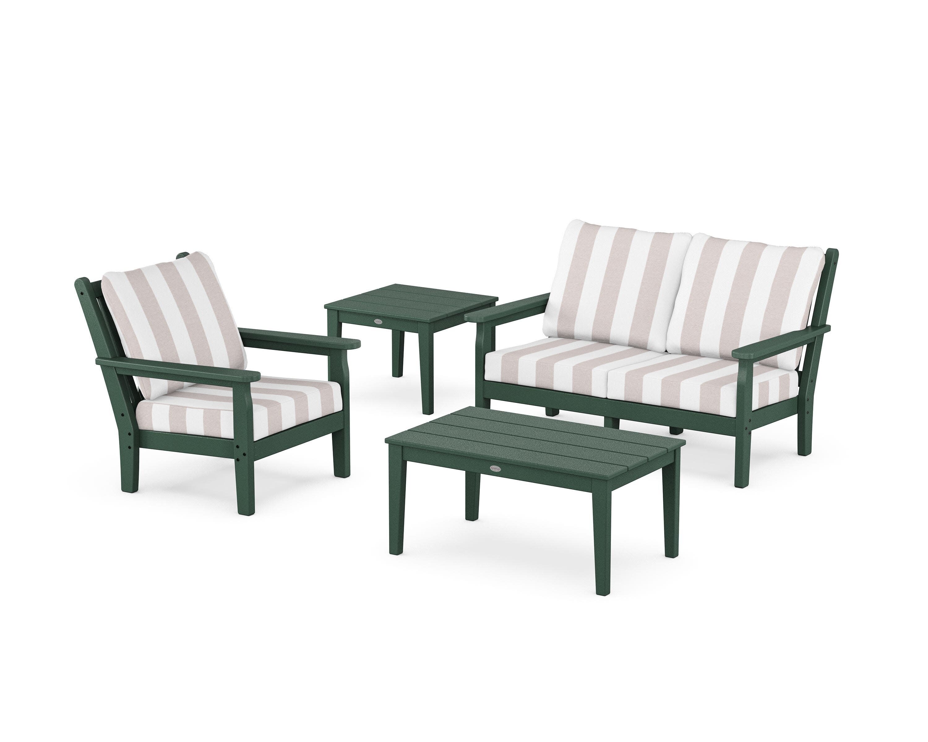 Chippendale 4-Piece Deep Seating Set in Green / Cabana Stripe Dune Burlap