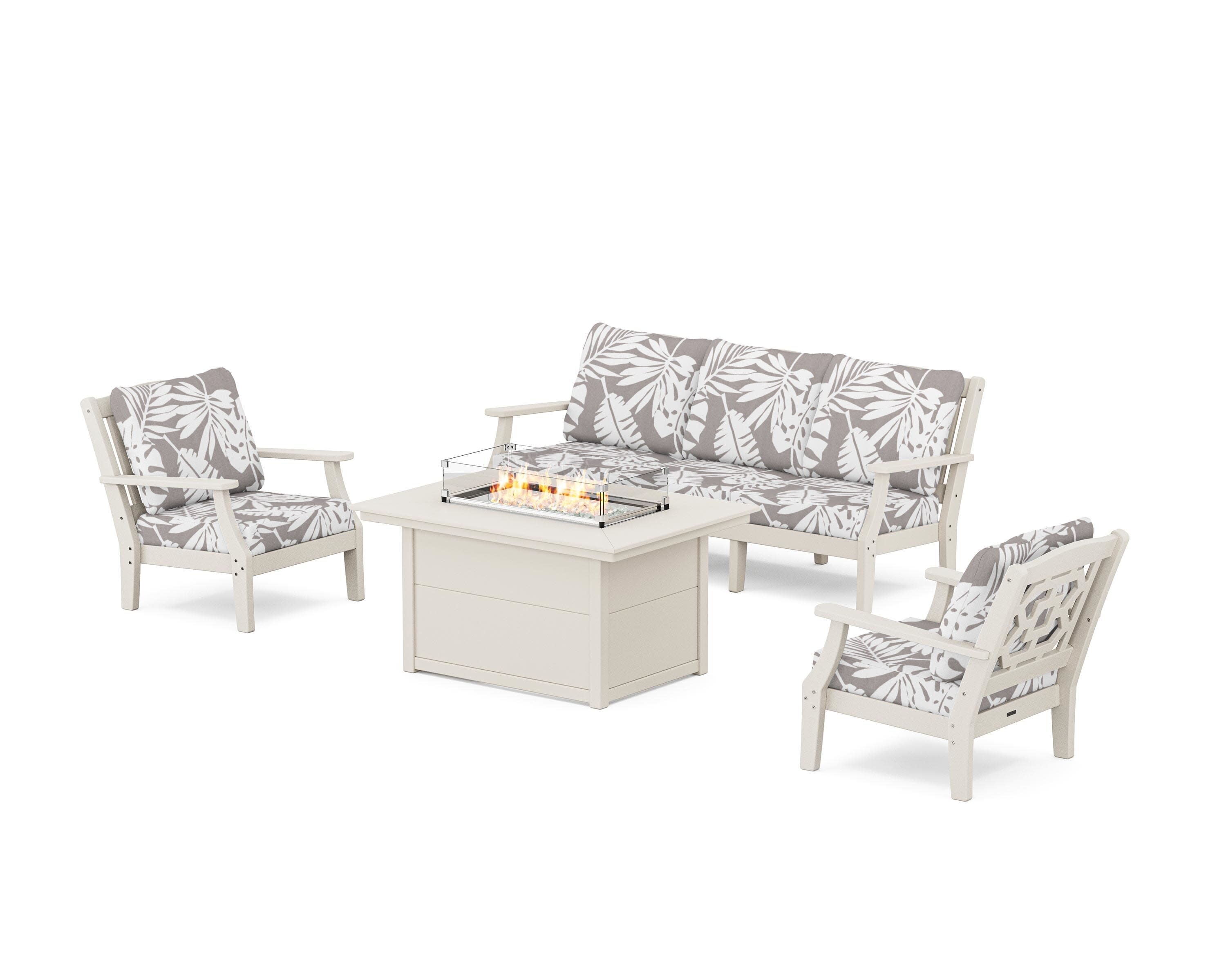 Chinoiserie Deep Seating Fire Pit Table Set in Sand / Leaf Grey Mist