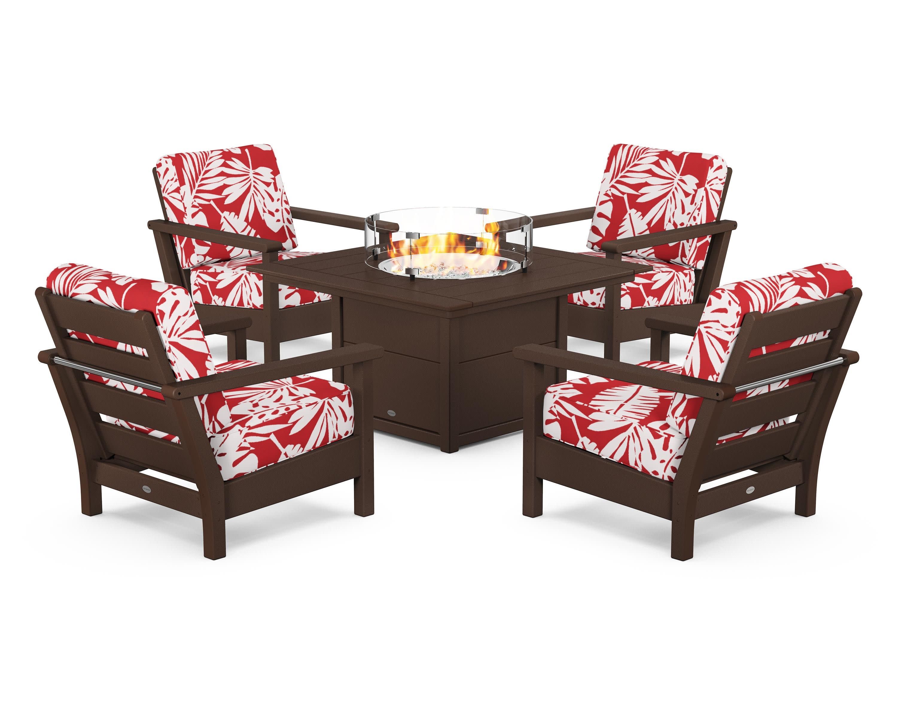 Harbour 5-Piece Conversation Set with Fire Pit Table in Mahogany / Leaf Crimson