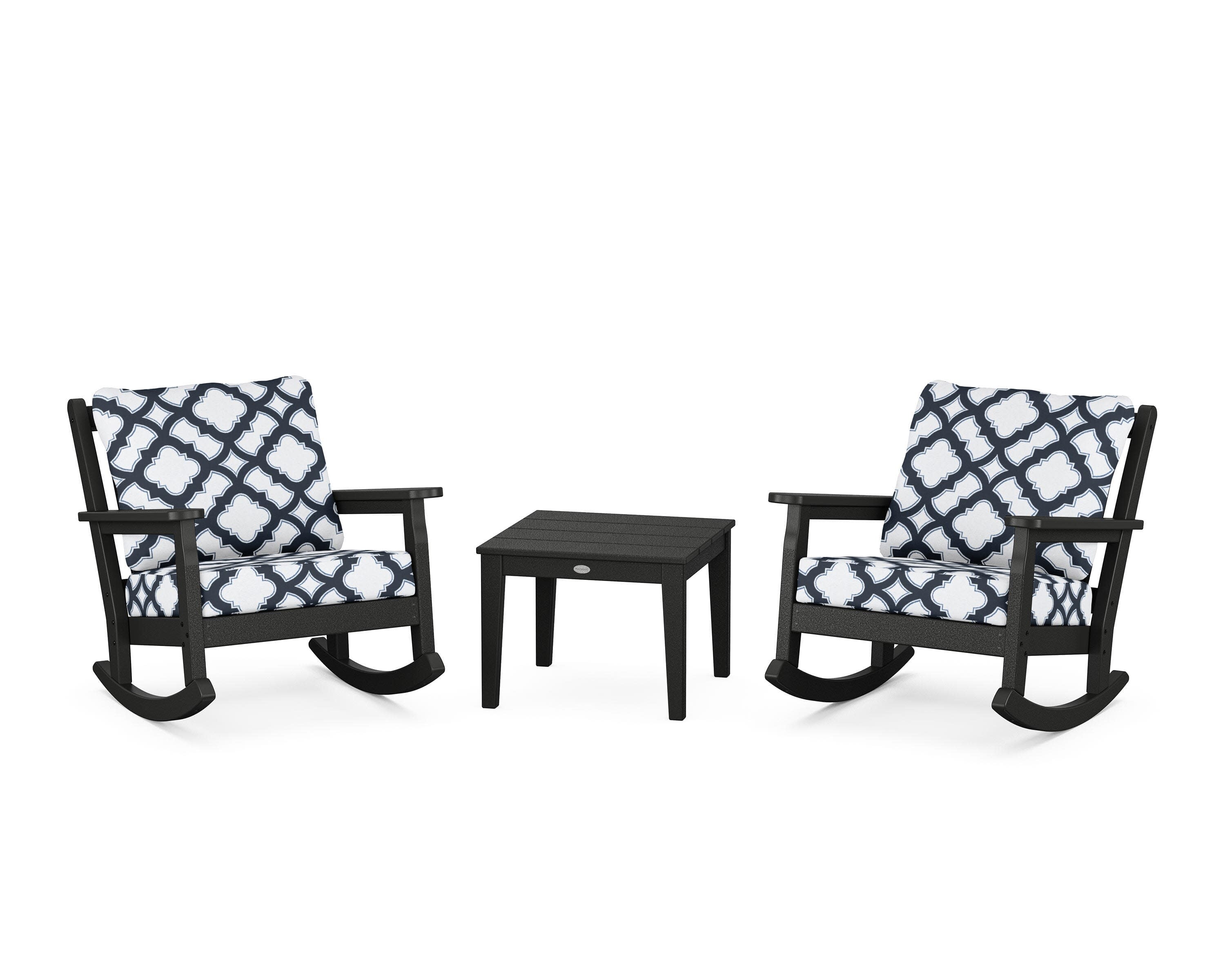 Chippendale 3-Piece Deep Seating Rocker Set in Black / Trellis Marine Indigo