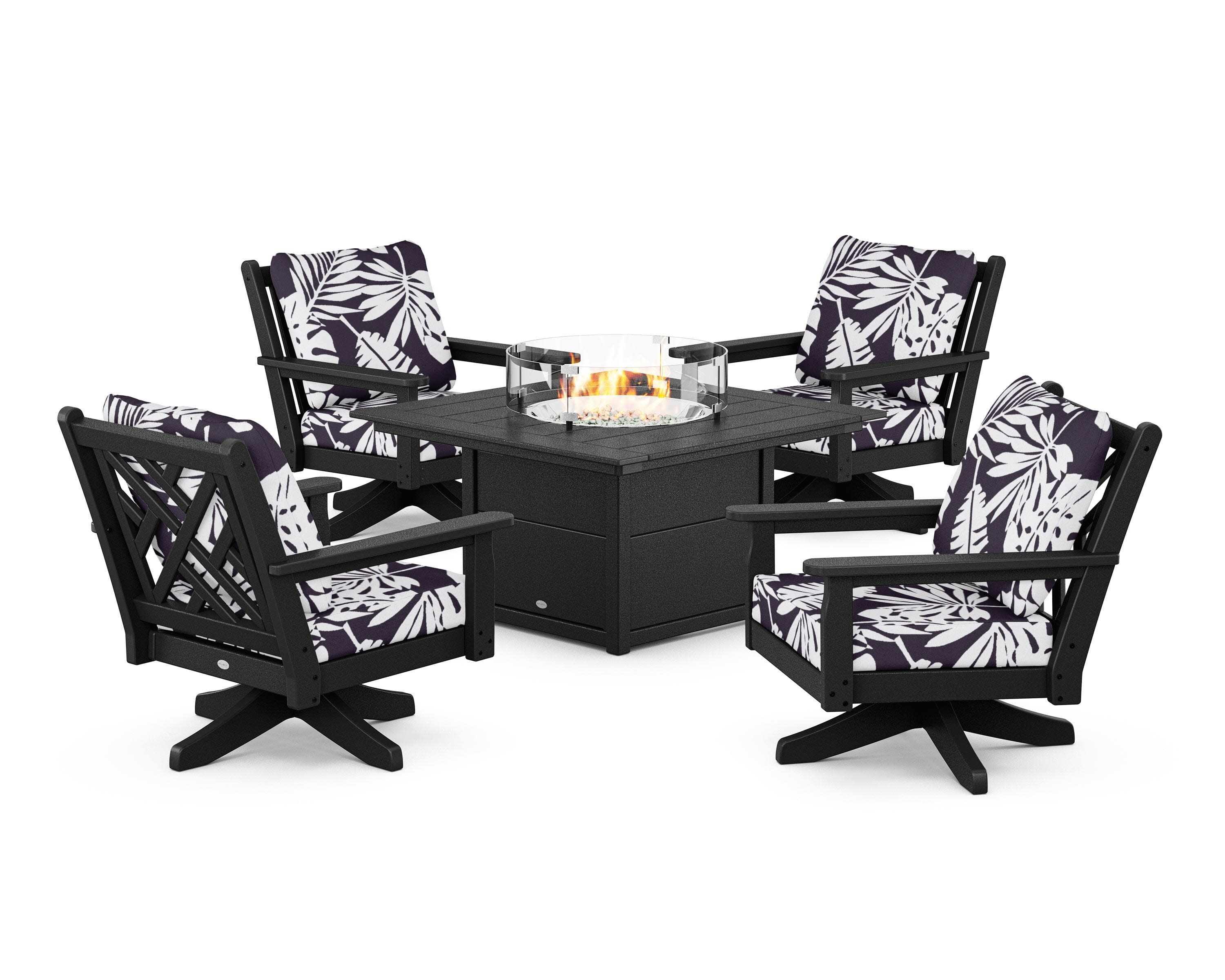 Chippendale 5-Piece Deep Seating Swivel Conversation Set with Fire Pit Table in Black / Leaf Navy