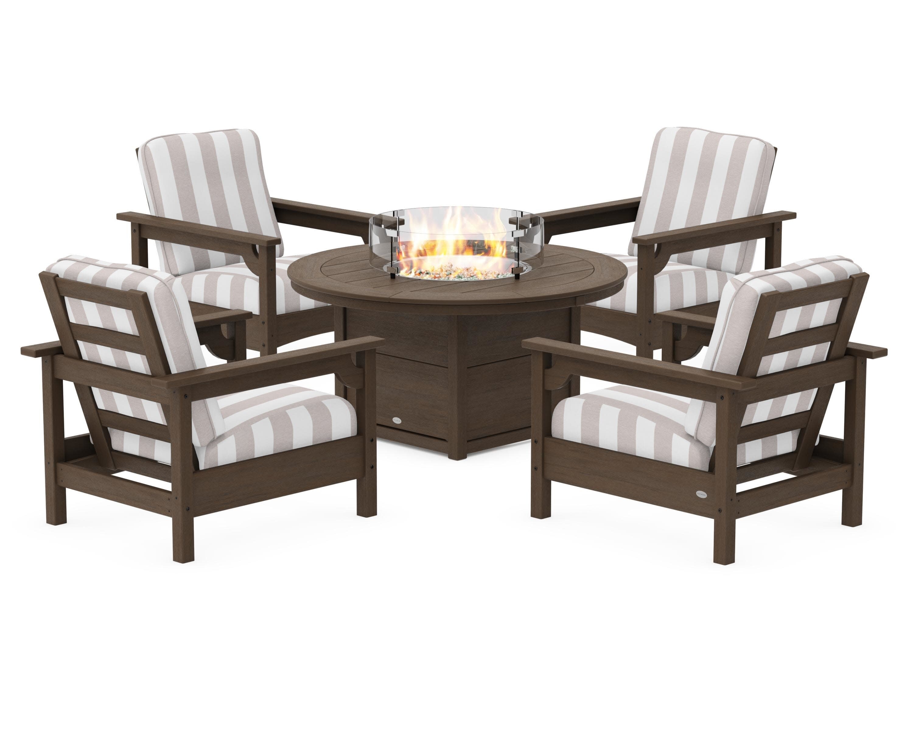 Club 5-Piece Conversation Set with Fire Pit Table in Kona / Cabana Stripe Dune Burlap