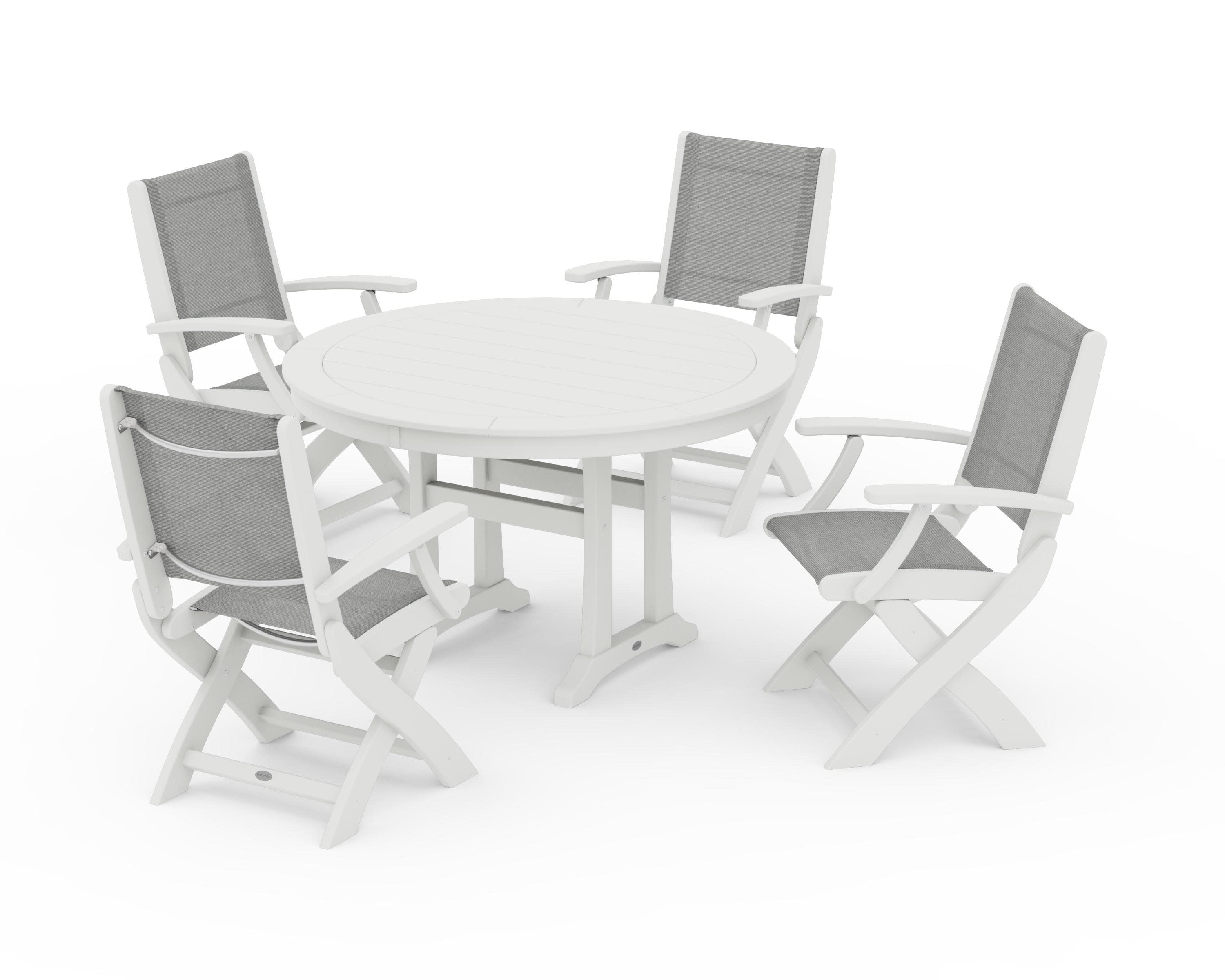 Coastal Folding Chair 5-Piece Round Dining Set with Trestle Legs in Vintage White / Metallic Sling