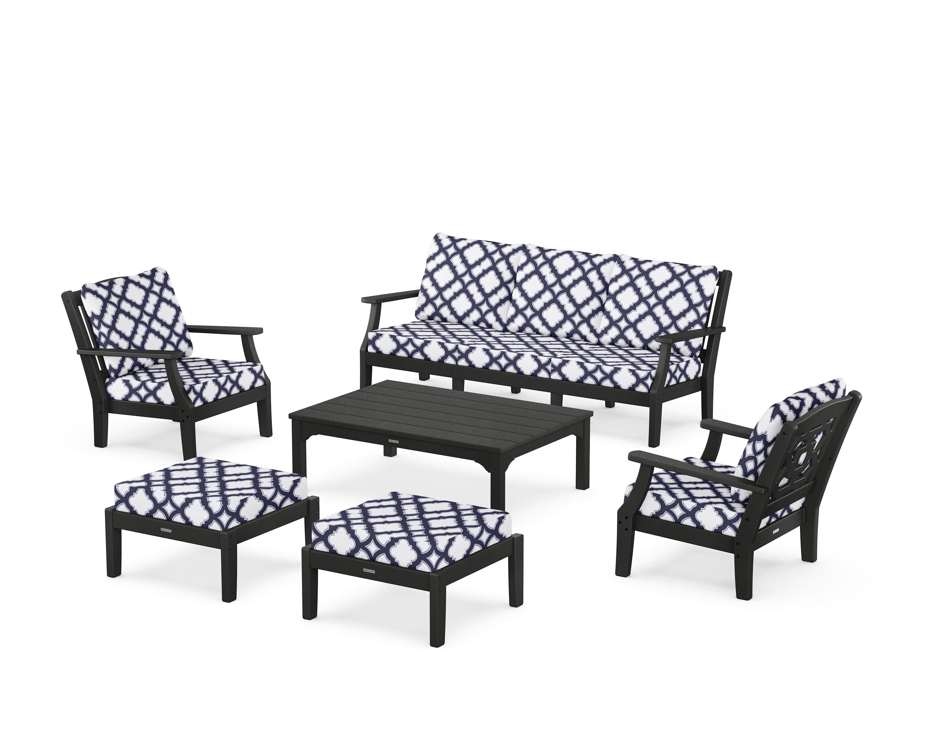 Chinoiserie 6-Piece Lounge Sofa Set in Black / Trellis Navy
