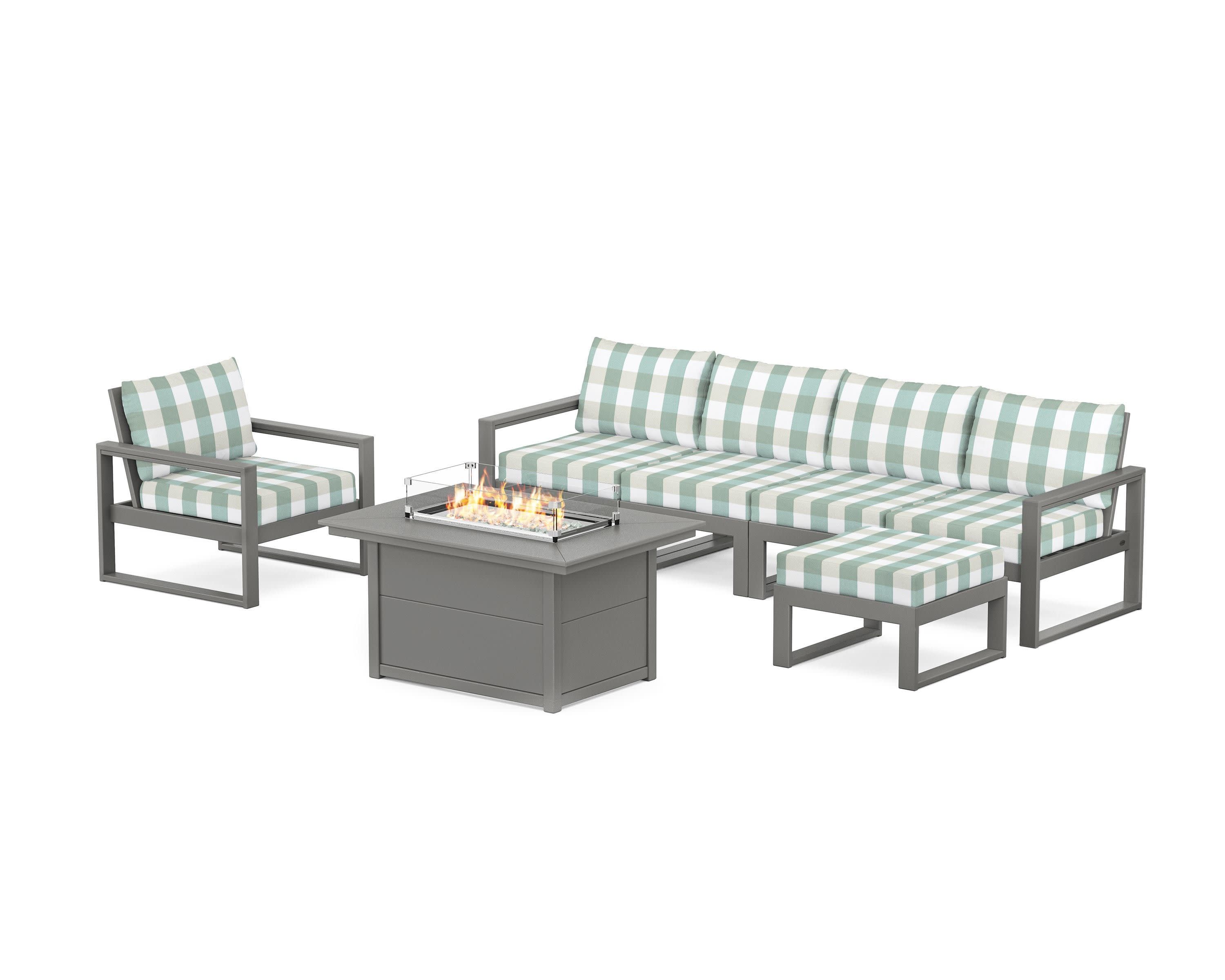 EDGE Sectional Lounge and Fire Pit Set in Slate Grey / Buffalo Plaid Glacier Spa
