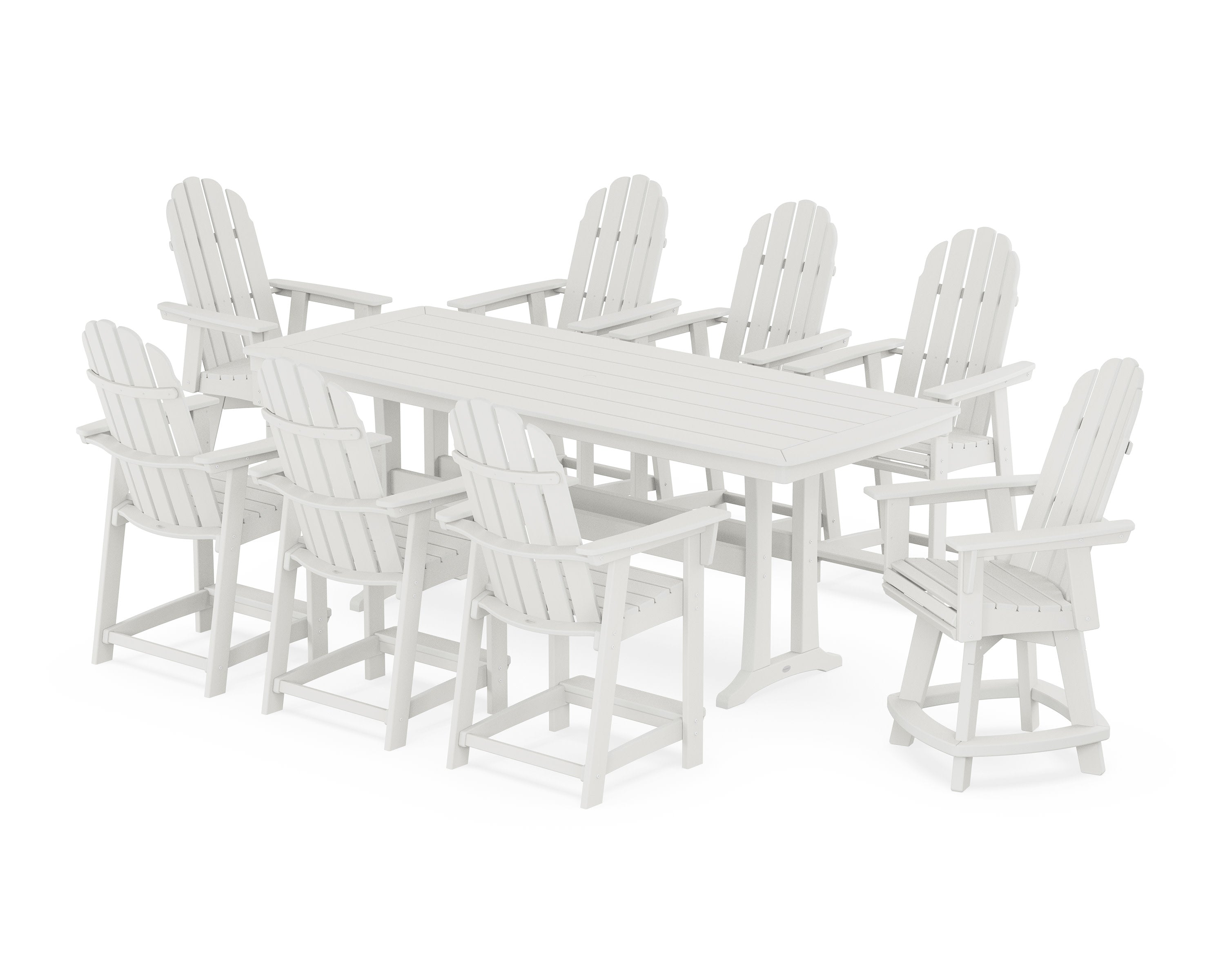 Vineyard Curveback Adirondack Swivel 9-Piece Counter Set with Trestle Legs in Vintage White