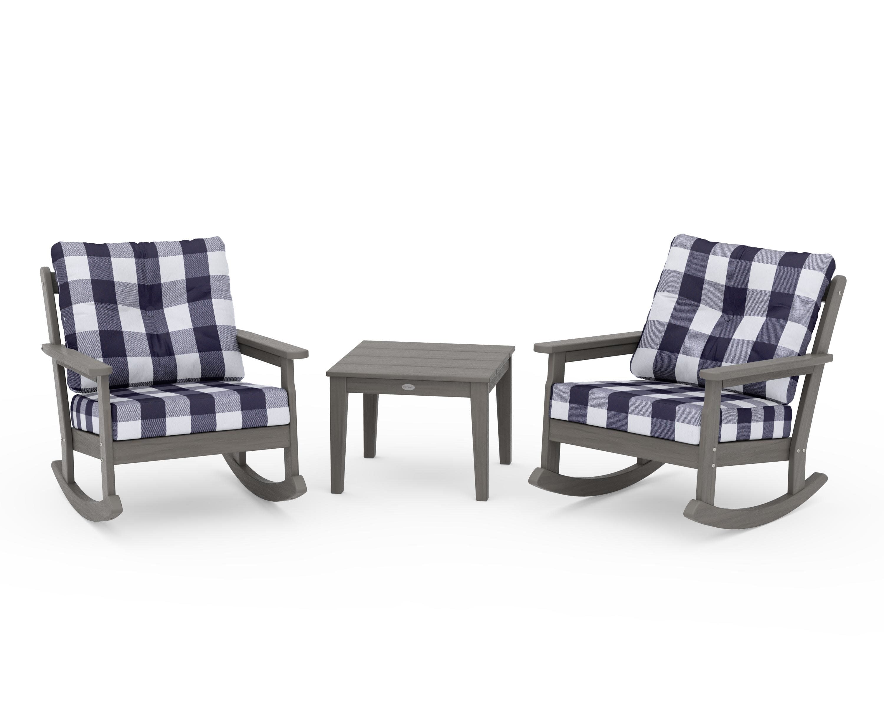 Vineyard 3-Piece Deep Seating Rocker Set in Driftwood / Buffalo Plaid Navy