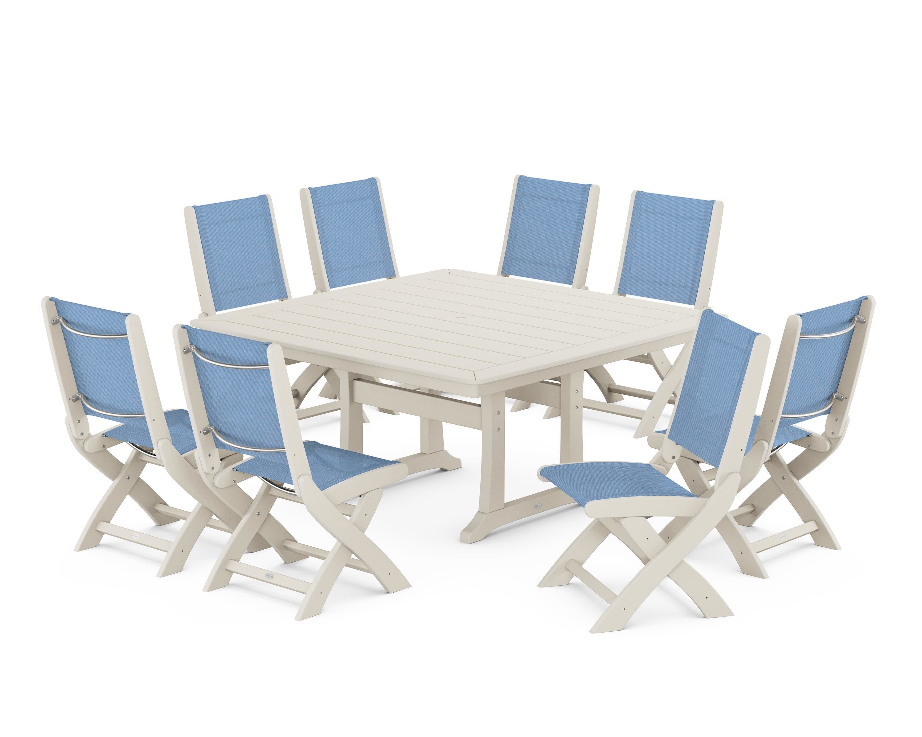 Coastal Folding Side Chair 9-Piece Dining Set with Trestle Legs in Sand / Poolside Sling