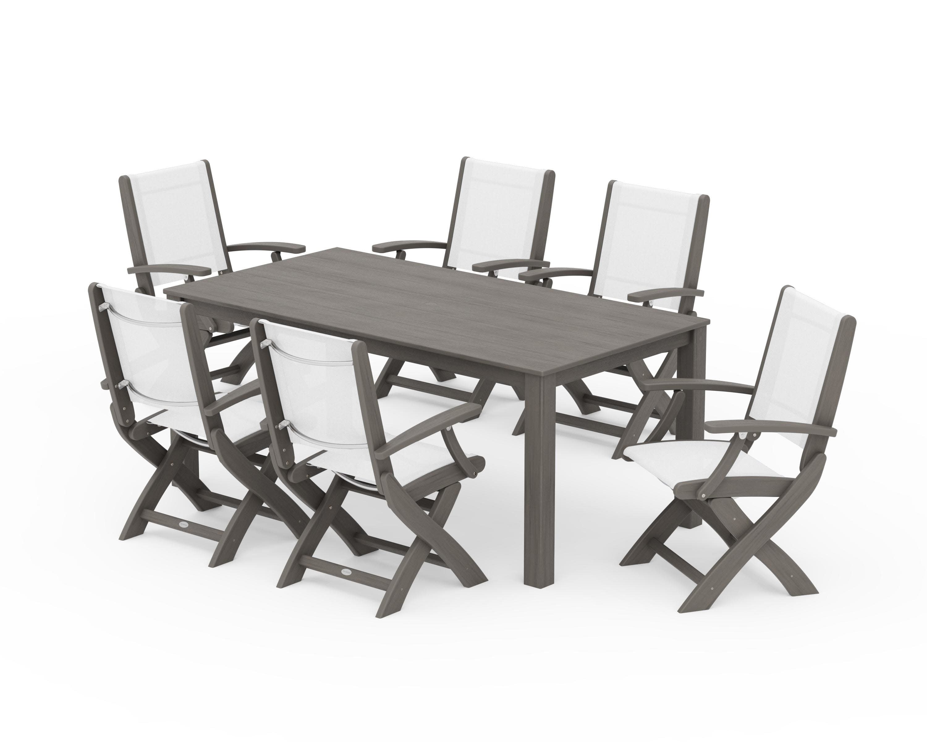 Coastal Folding Chair 7-Piece Parsons Dining Set in Driftwood / White Sling