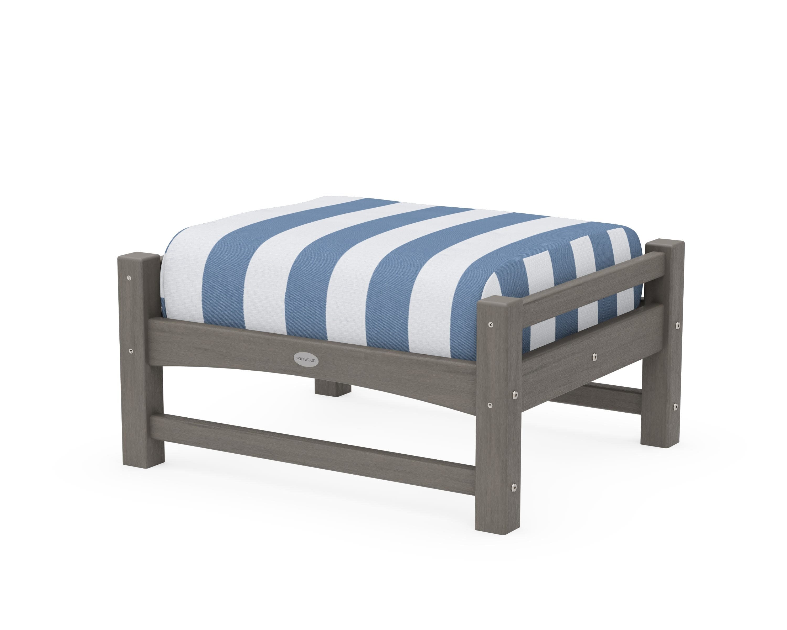 Club Ottoman in Driftwood / Cabana Stripe Sky Blue