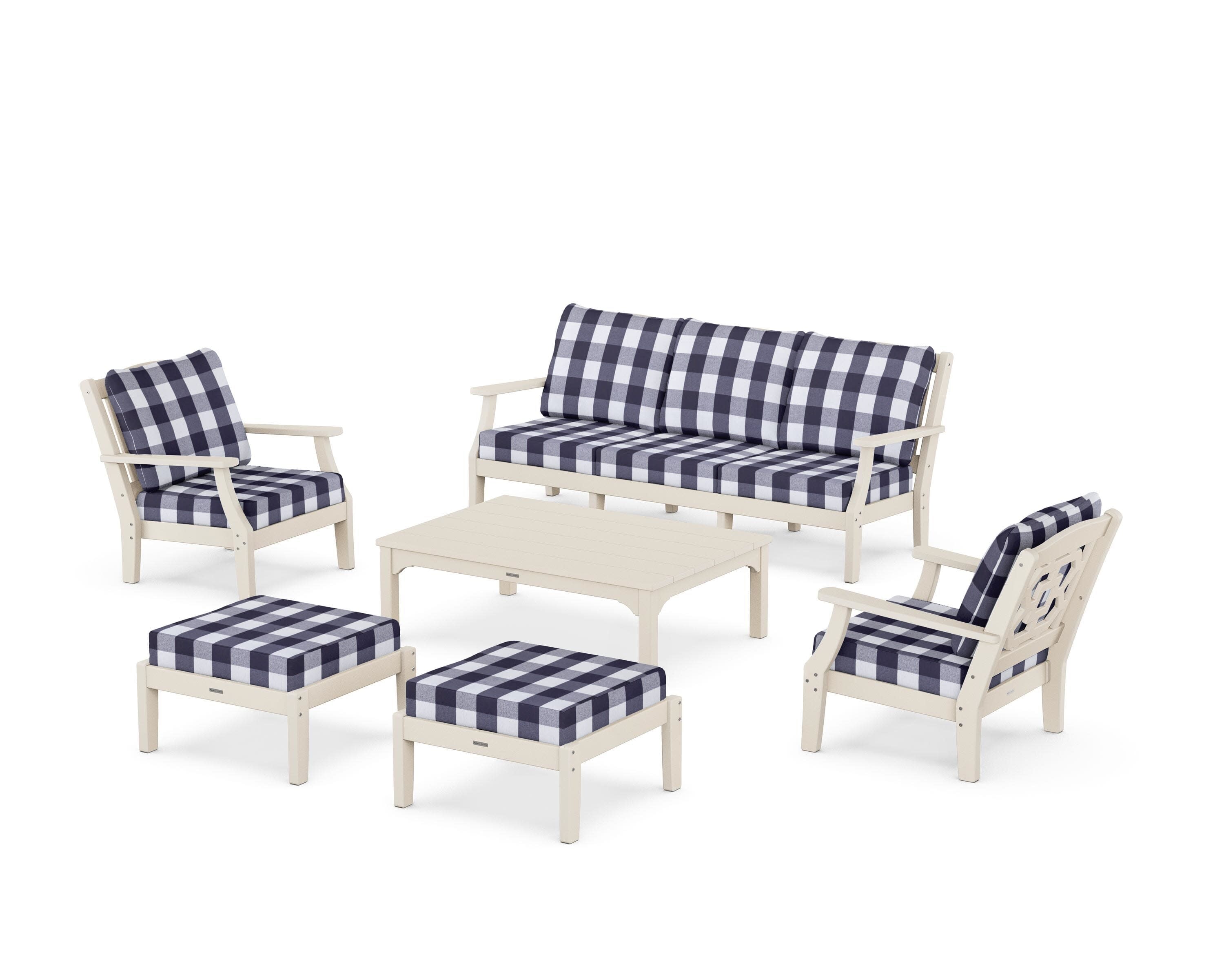 Chinoiserie 6-Piece Lounge Sofa Set in Sand / Buffalo Plaid Navy