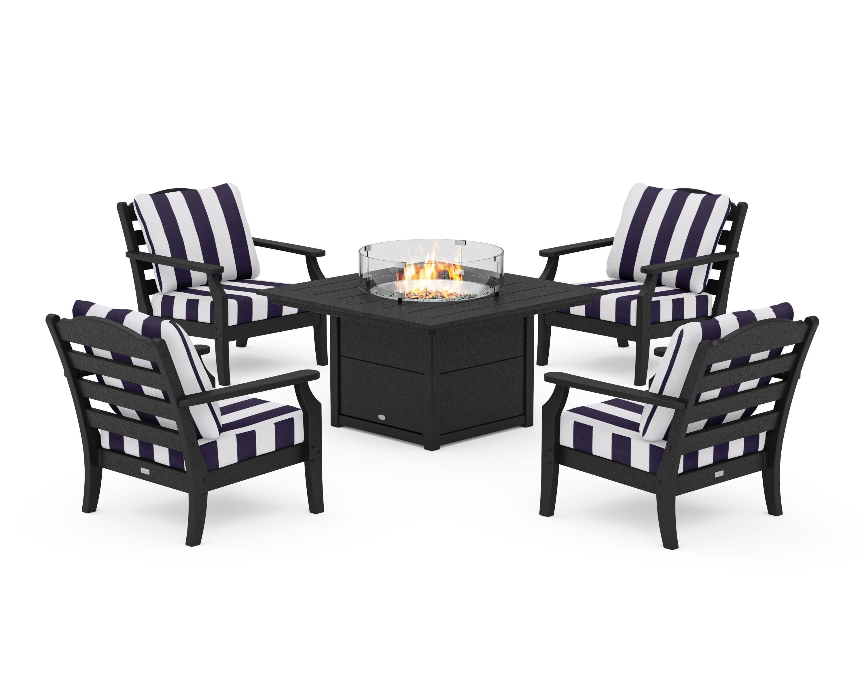 Savannah 5-Piece Deep Seating Set with Fire Pit Table in Black / Cabana Stripe Navy