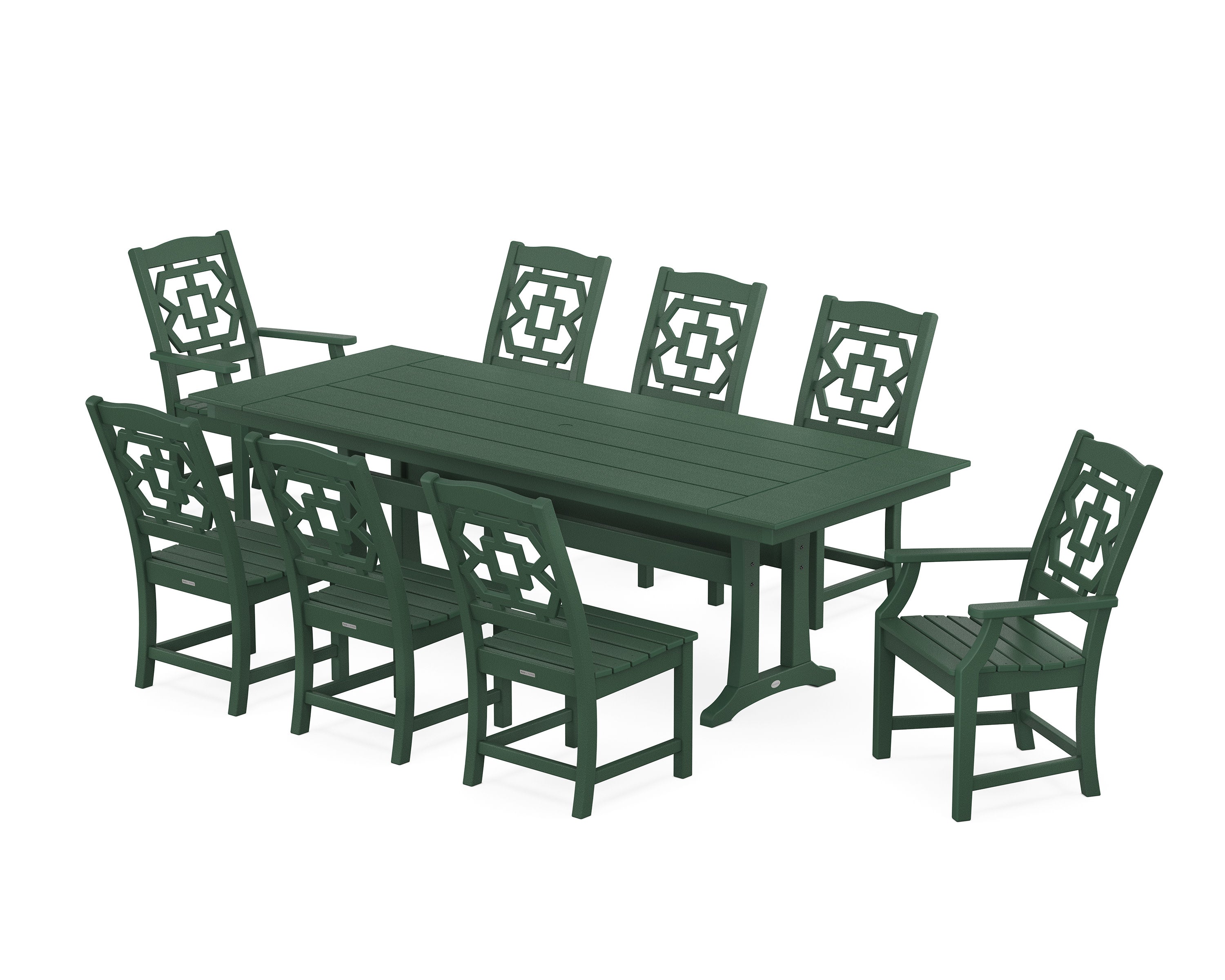 Chinoiserie 9-Piece Farmhouse Dining Set with Trestle Legs in Green