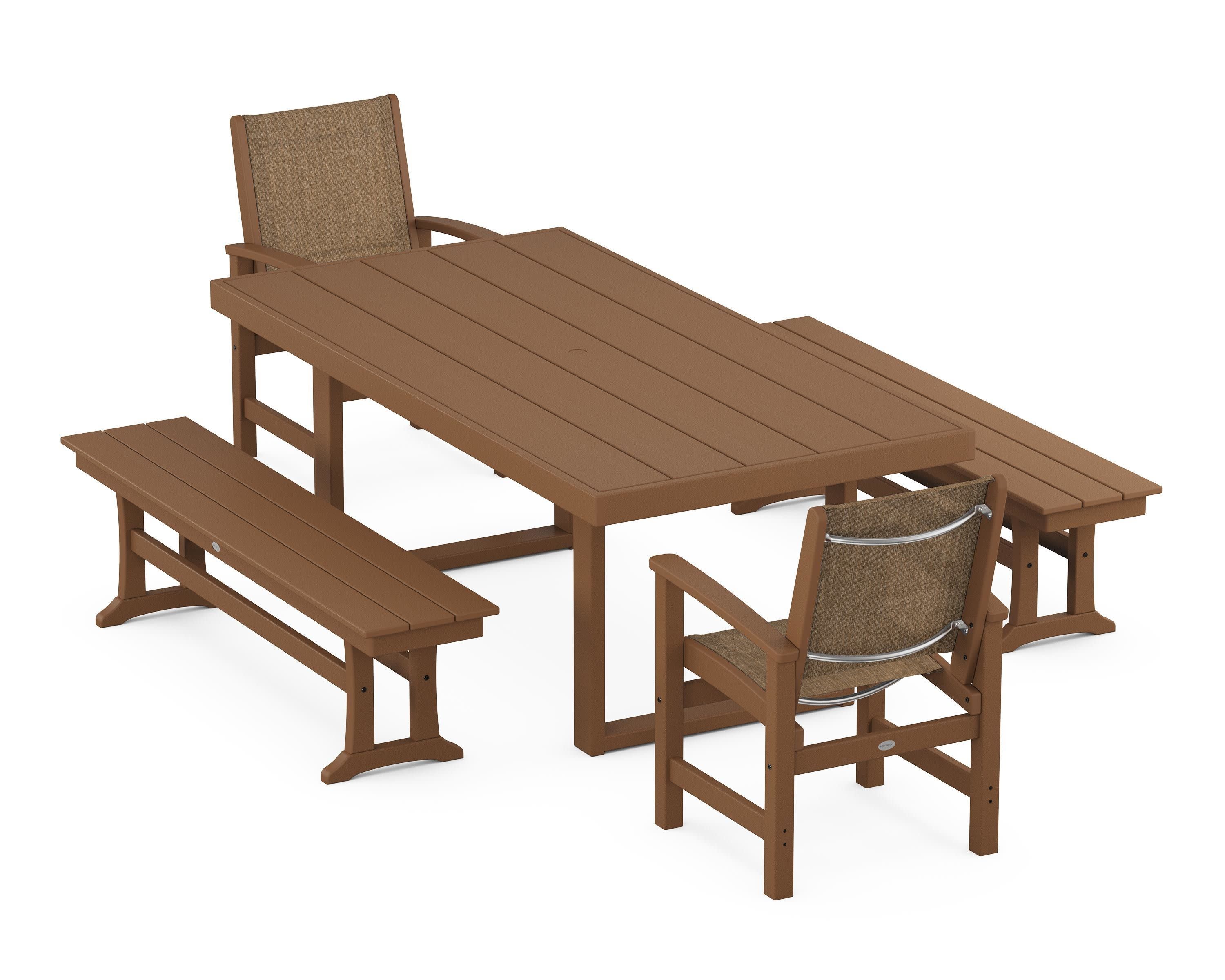 Coastal 5-Piece Dining Set with Trestle Legs in Teak / Burlap Sling