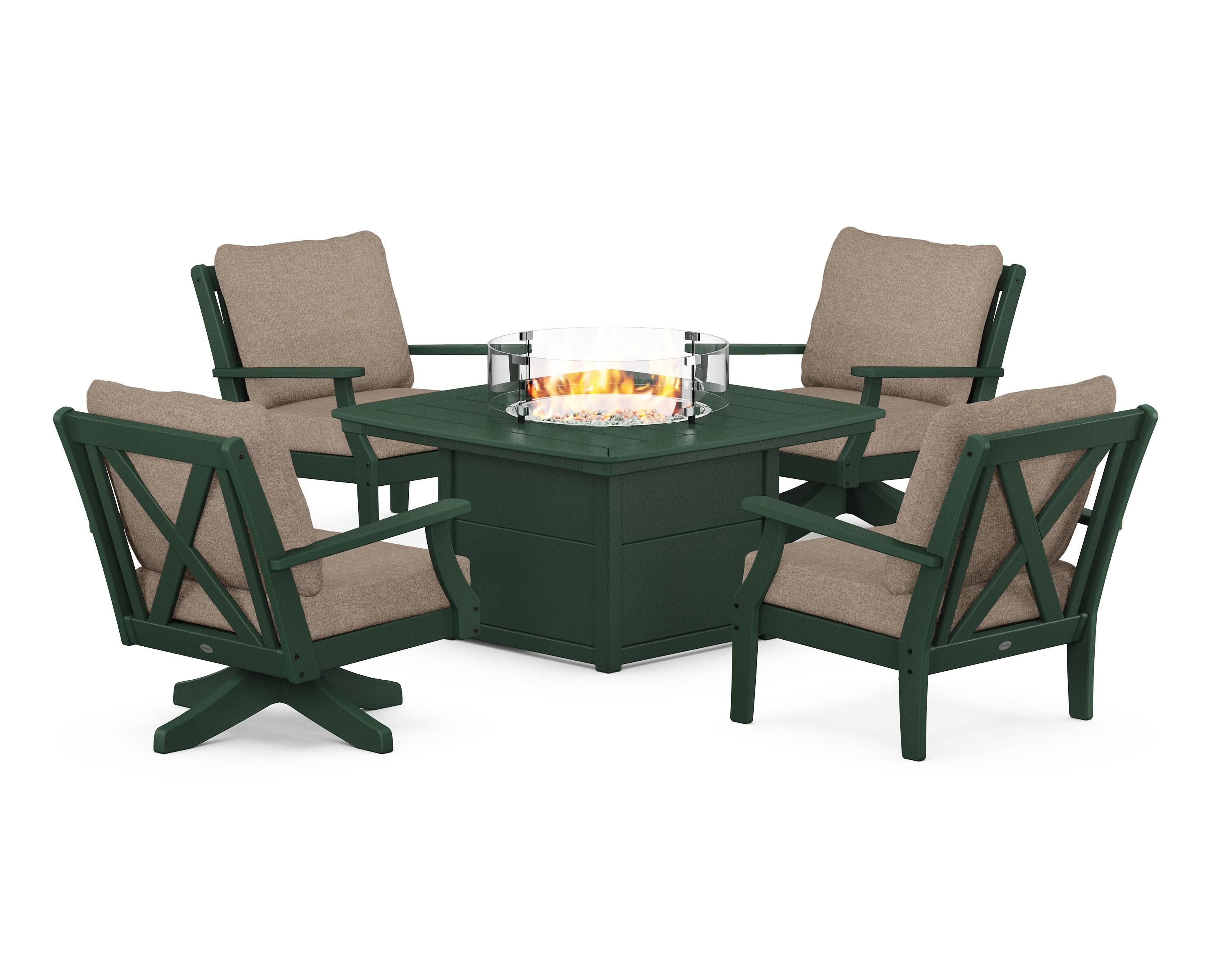 Braxton 5-Piece Deep Seating Set with Fire Table in Green / Spiced Burlap