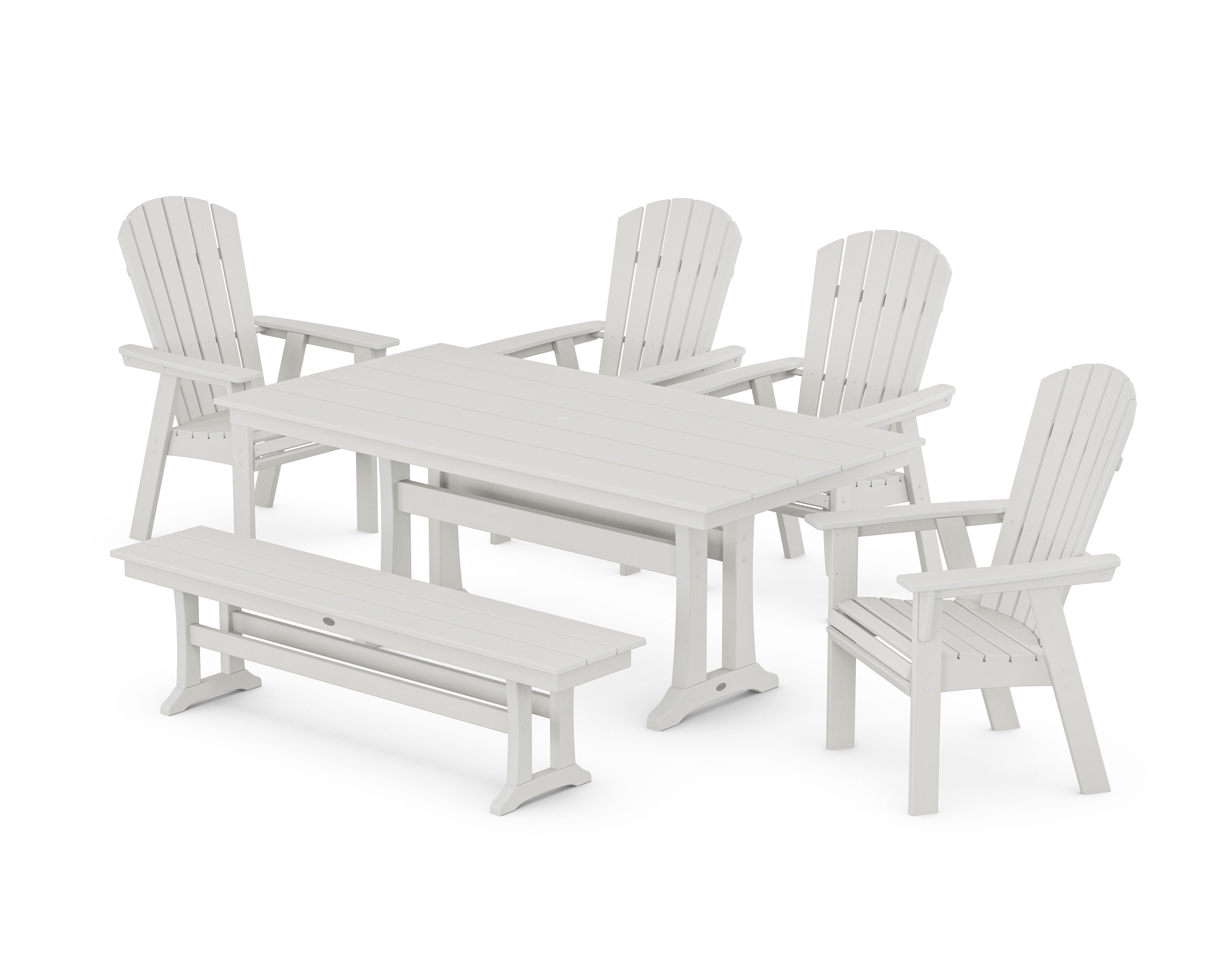 Nautical Curveback Adirondack 6-Piece Farmhouse Dining Set with Trestle Legs and Bench in Vintage White