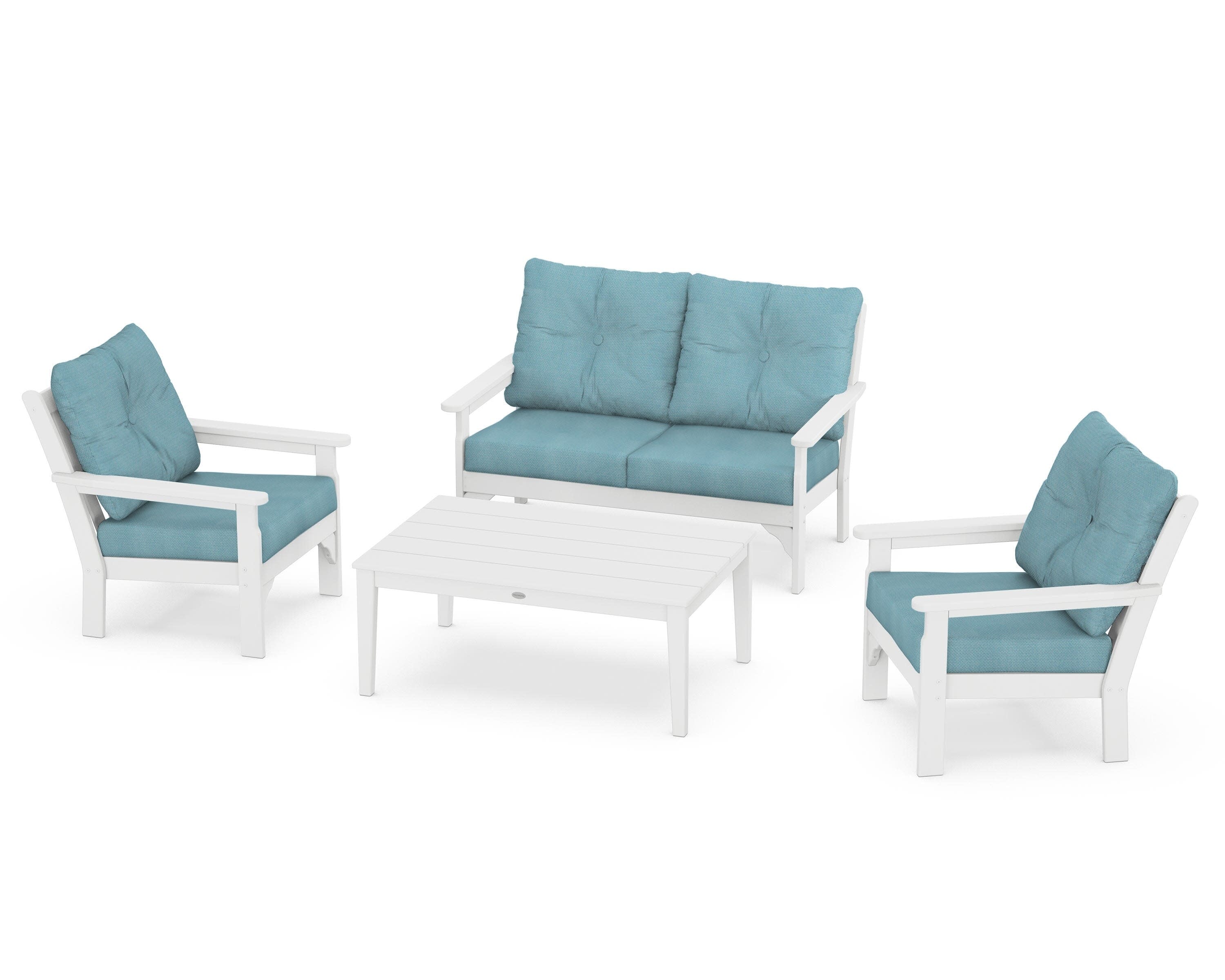 Vineyard 4-Piece Deep Seating Set in White / Lattice Sky Blue
