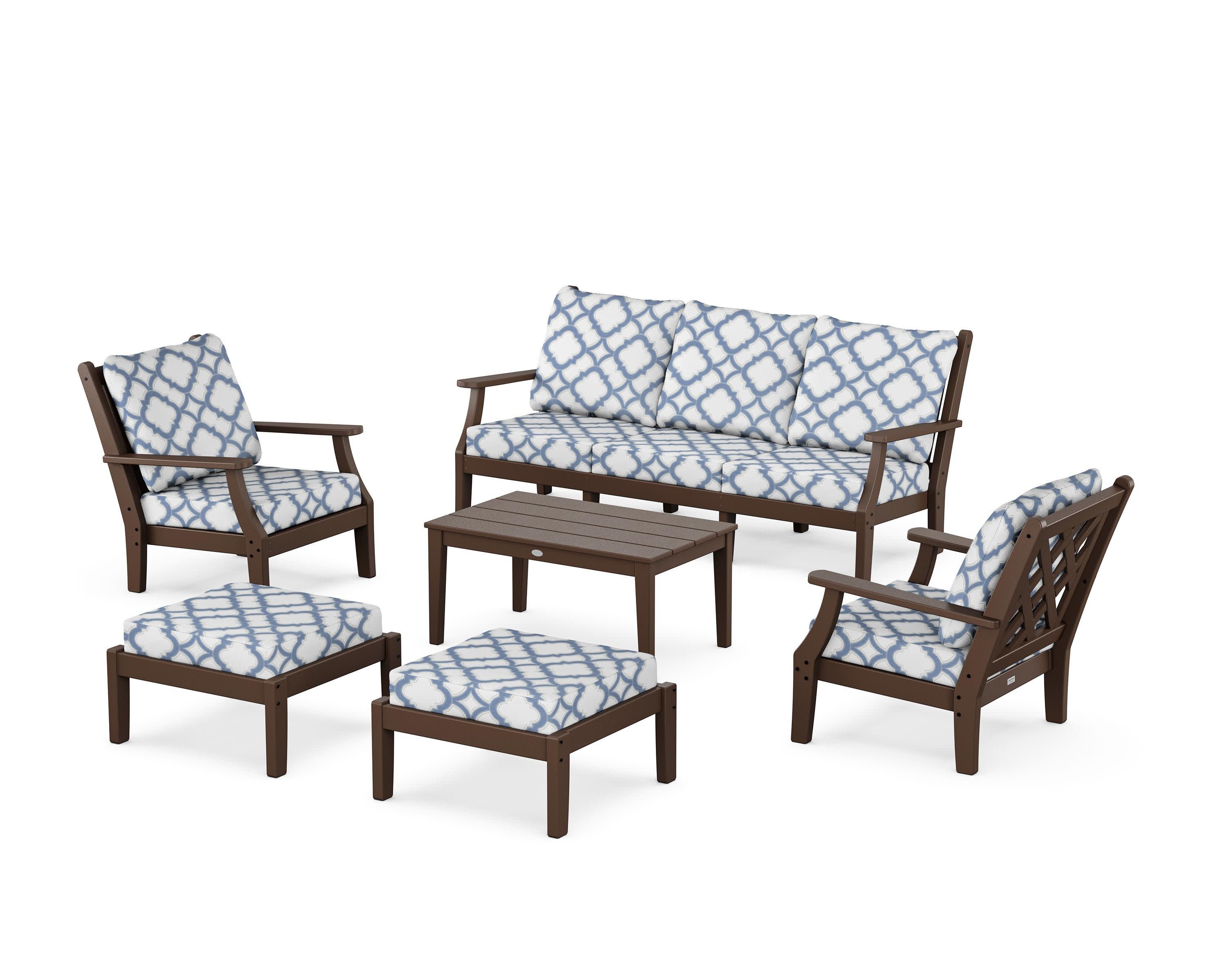 Wovendale 6-Piece Lounge Sofa Set in Mahogany / Trellis Sky Blue