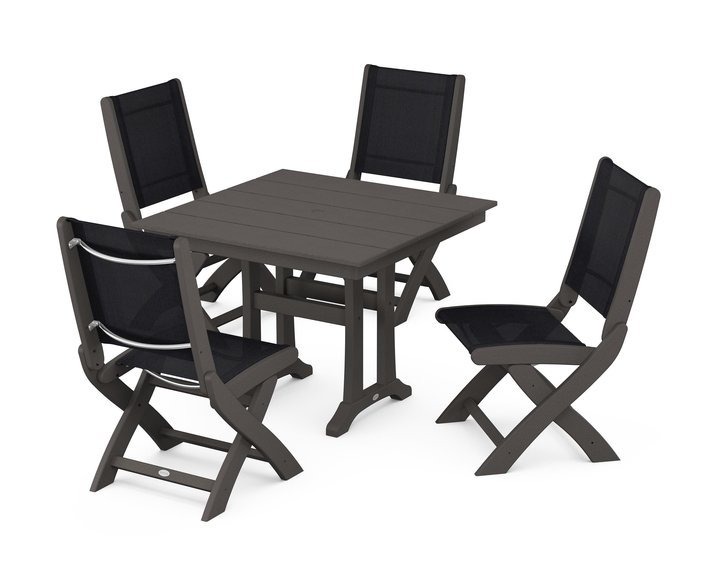 Coastal Folding Side Chair 5-Piece Farmhouse Dining Set With Trestle Legs in Vintage Coffee / Black Sling