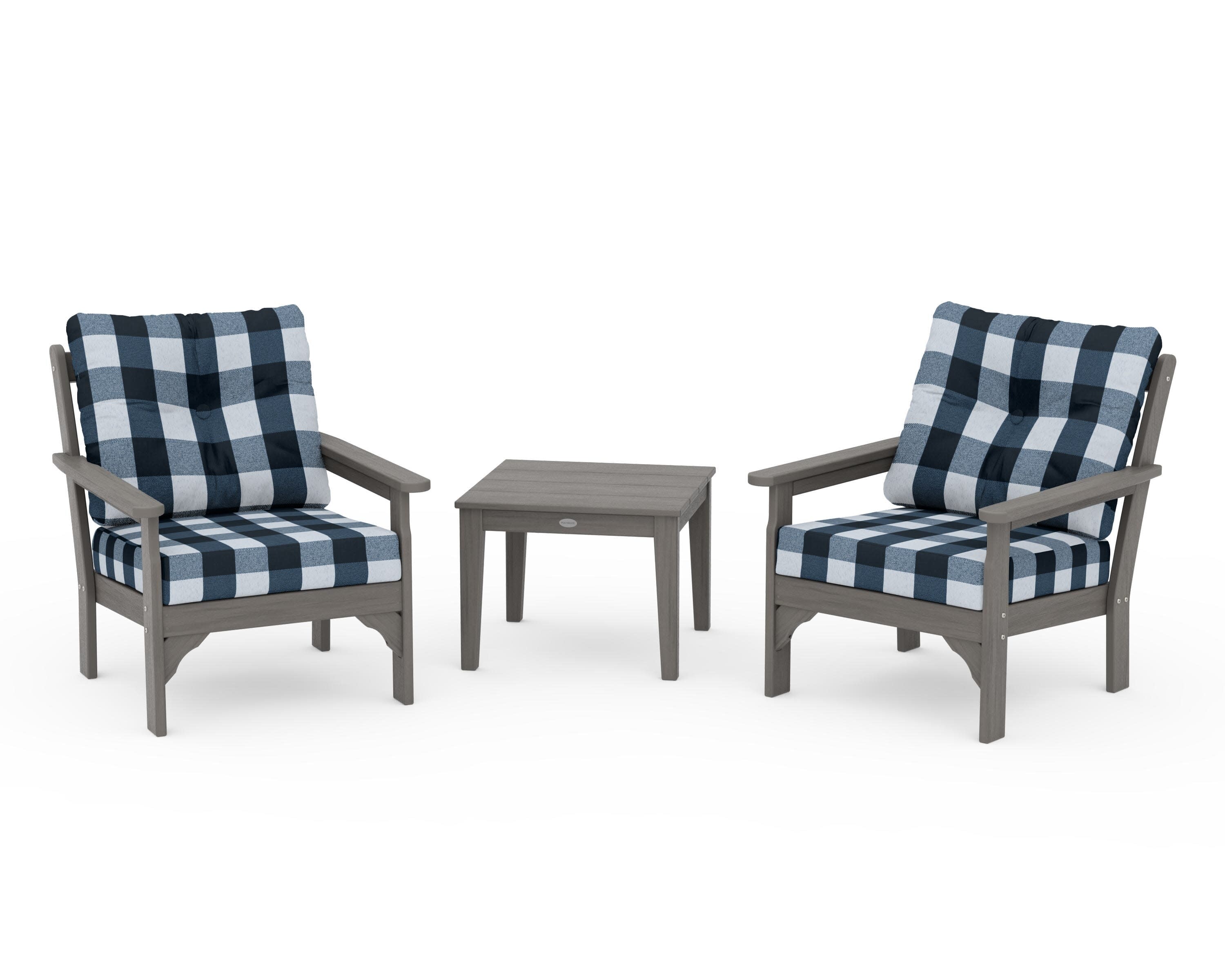 Vineyard 3-Piece Deep Seating Set in Driftwood / Buffalo Plaid Marine Indigo