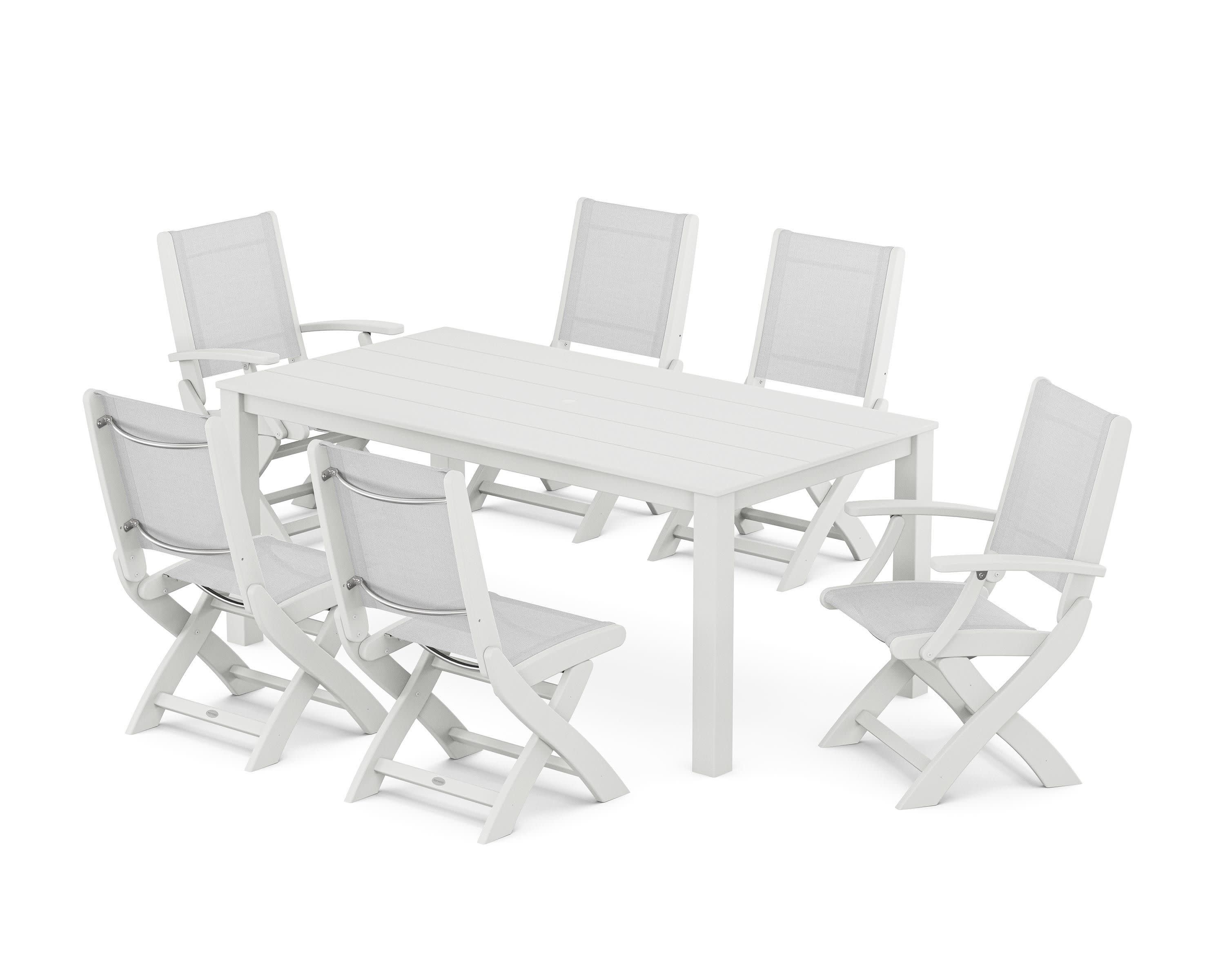 Coastal Folding Chair 7-Piece Parsons Dining Set in White / White Sling