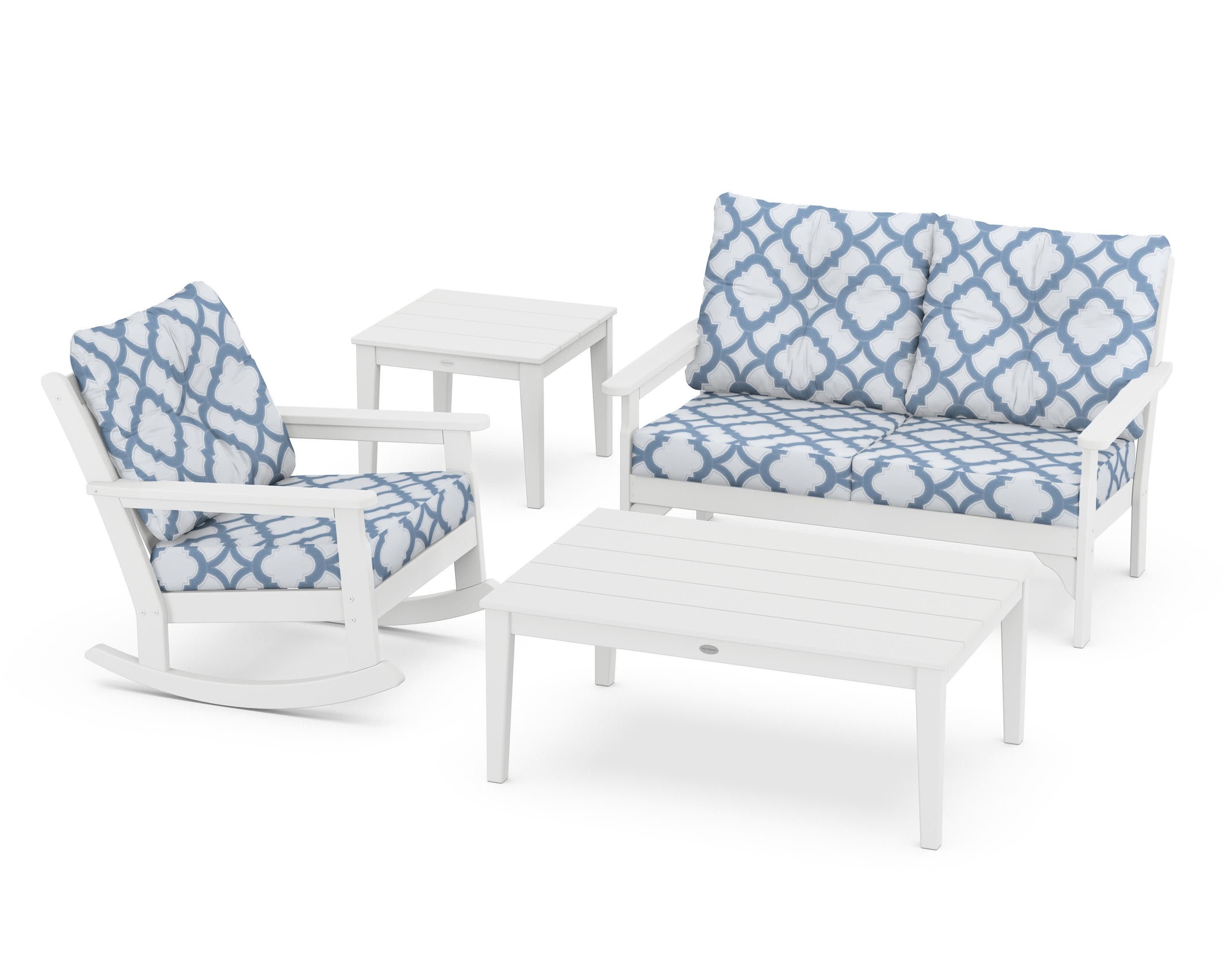 Vineyard 4-Piece Deep Seating Rocker Set in White / Trellis Sky Blue