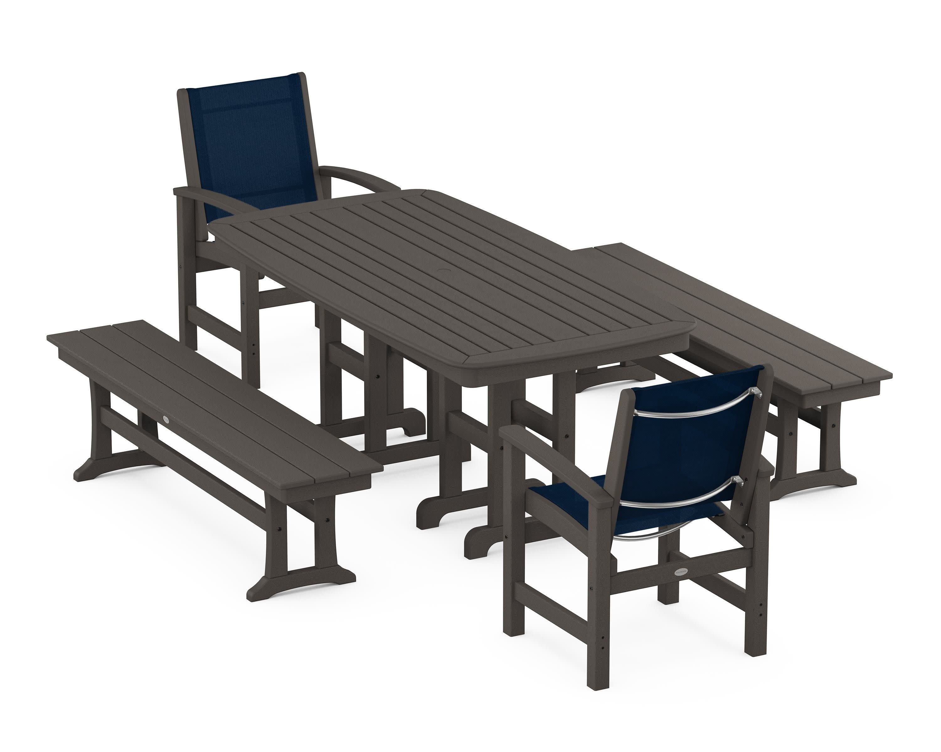 Coastal 5-Piece Dining Set in Vintage Coffee / Navy Blue Sling