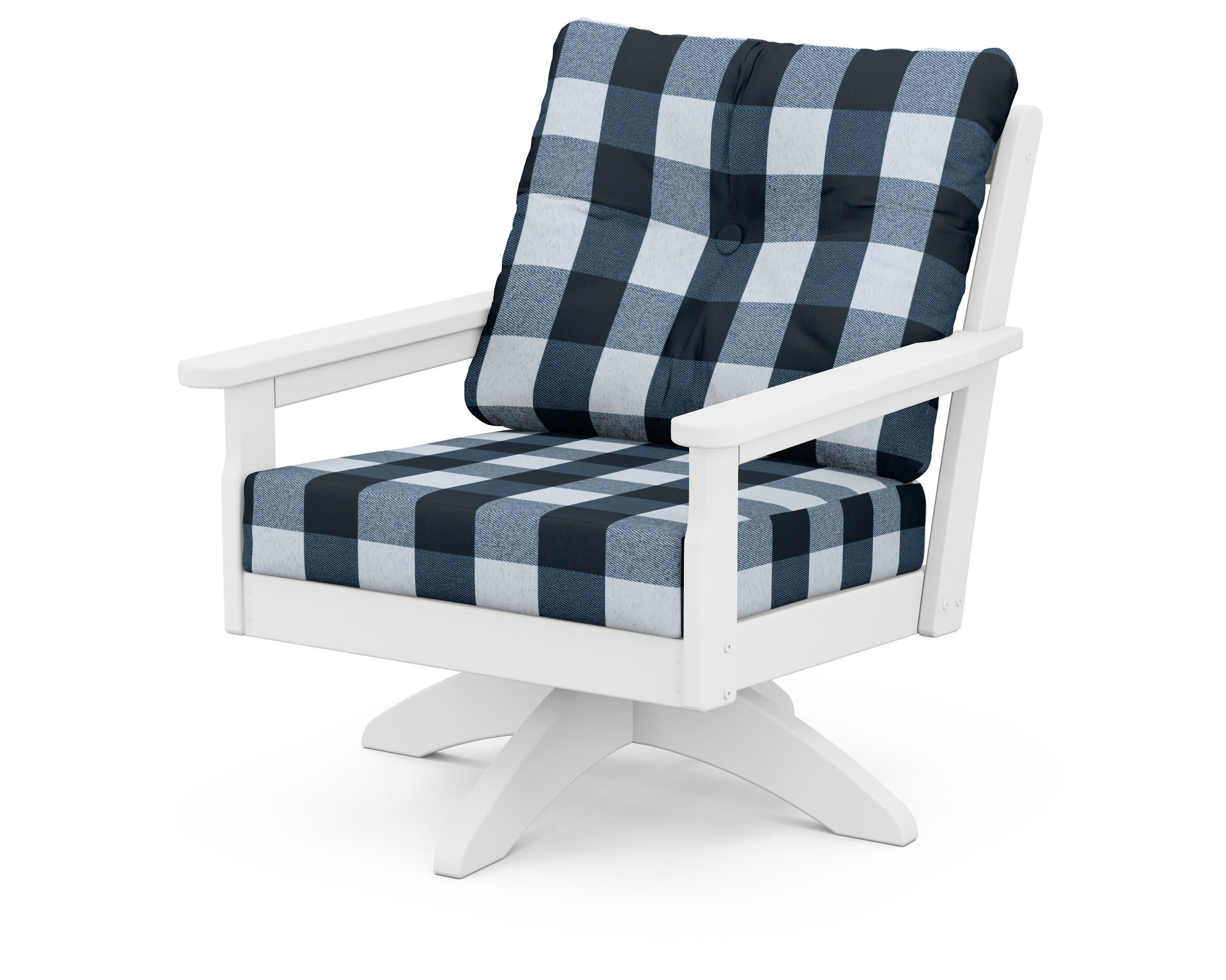Vineyard Deep Seating Swivel Chair in White / Buffalo Plaid Marine Indigo