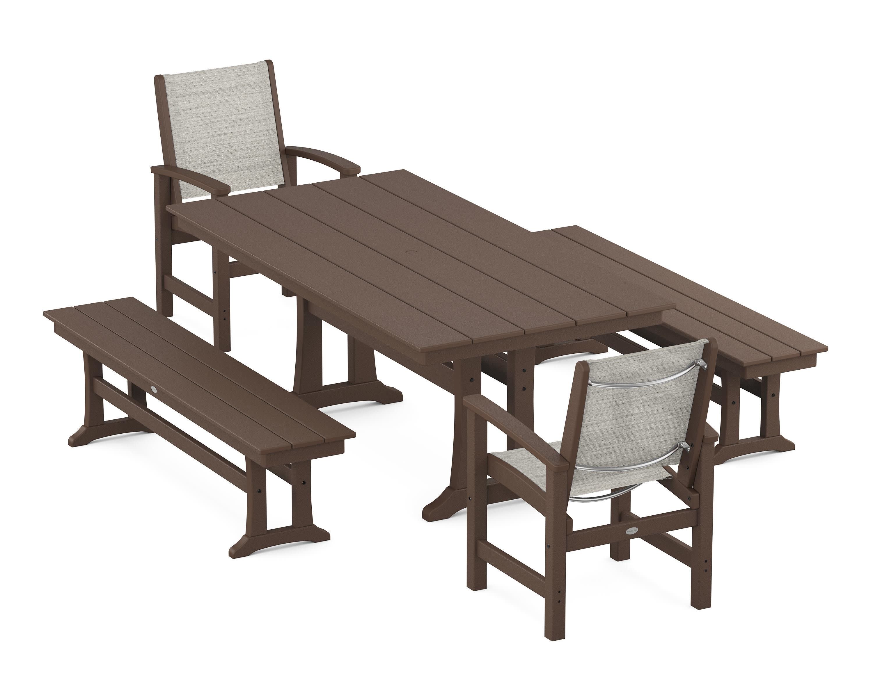 Coastal 5-Piece Farmhouse Dining Set with Trestle Legs and Benches in Mahogany / Birch Sling
