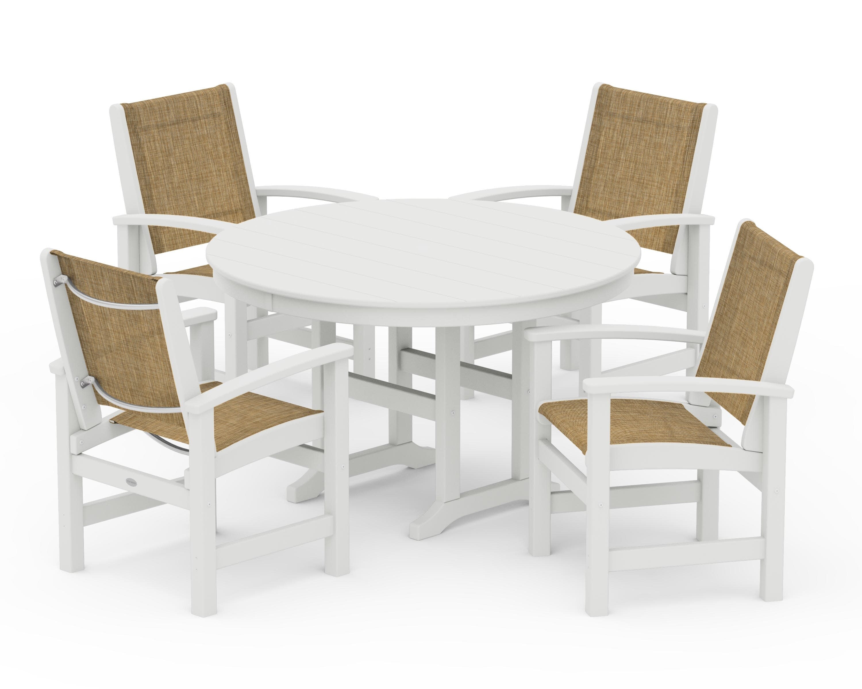 Coastal 5-Piece Round Farmhouse Dining Set in Vintage White / Burlap Sling