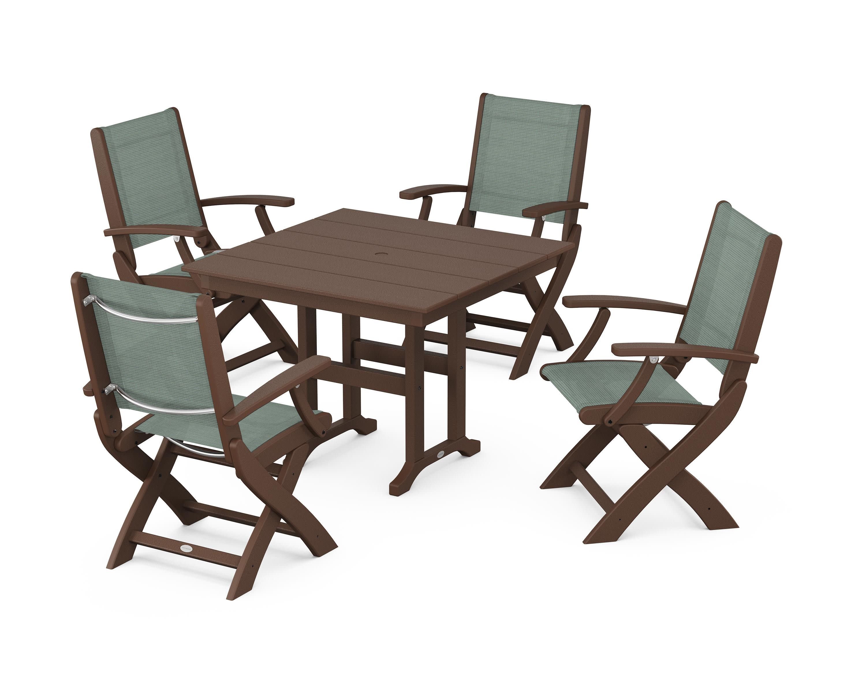 Coastal Folding Chair 5-Piece Farmhouse Dining Set in Mahogany / Dupioni Sea Mist Sling