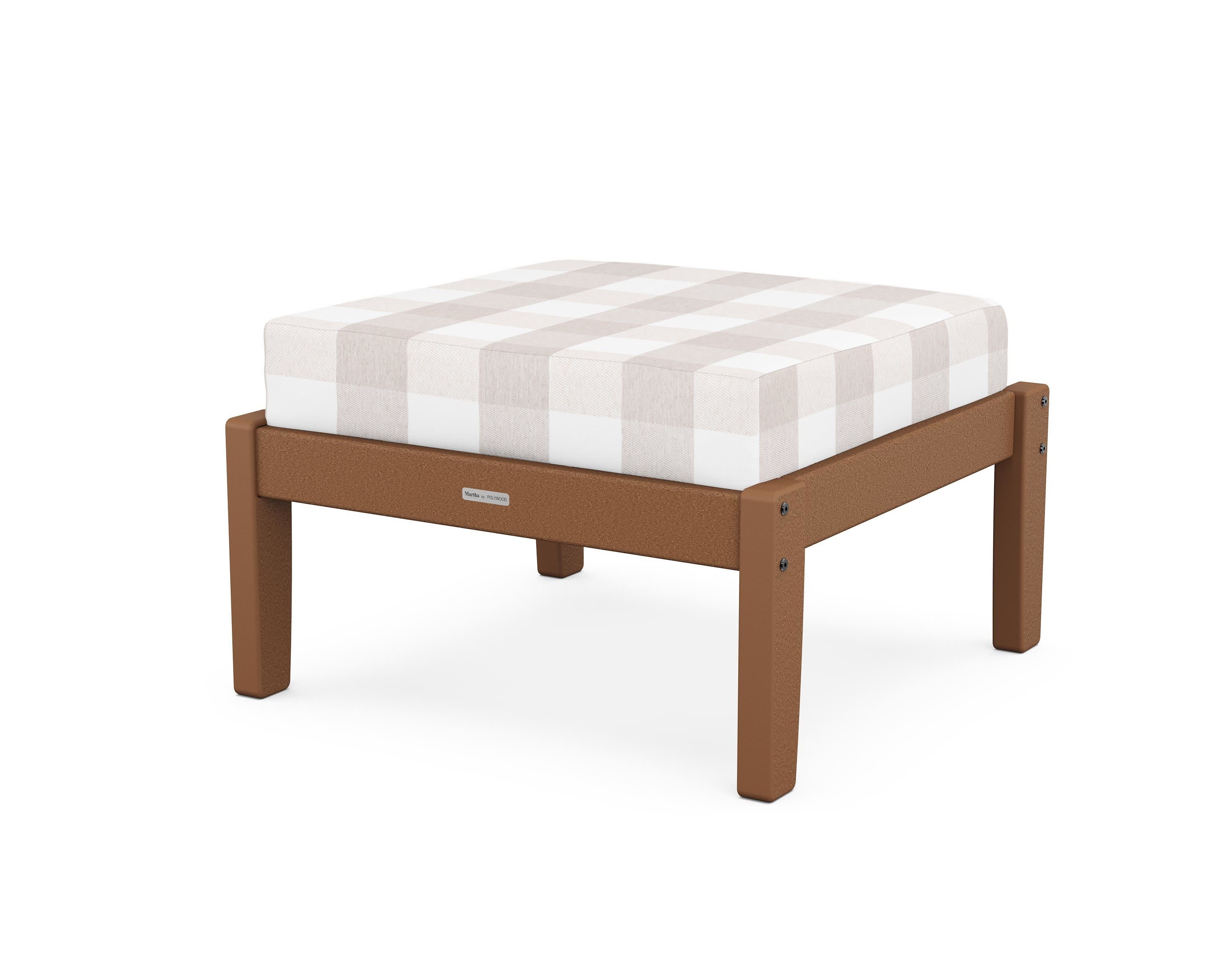 Chinoiserie Deep Seating Ottoman in Teak / Buffalo Plaid Dune Burlap
