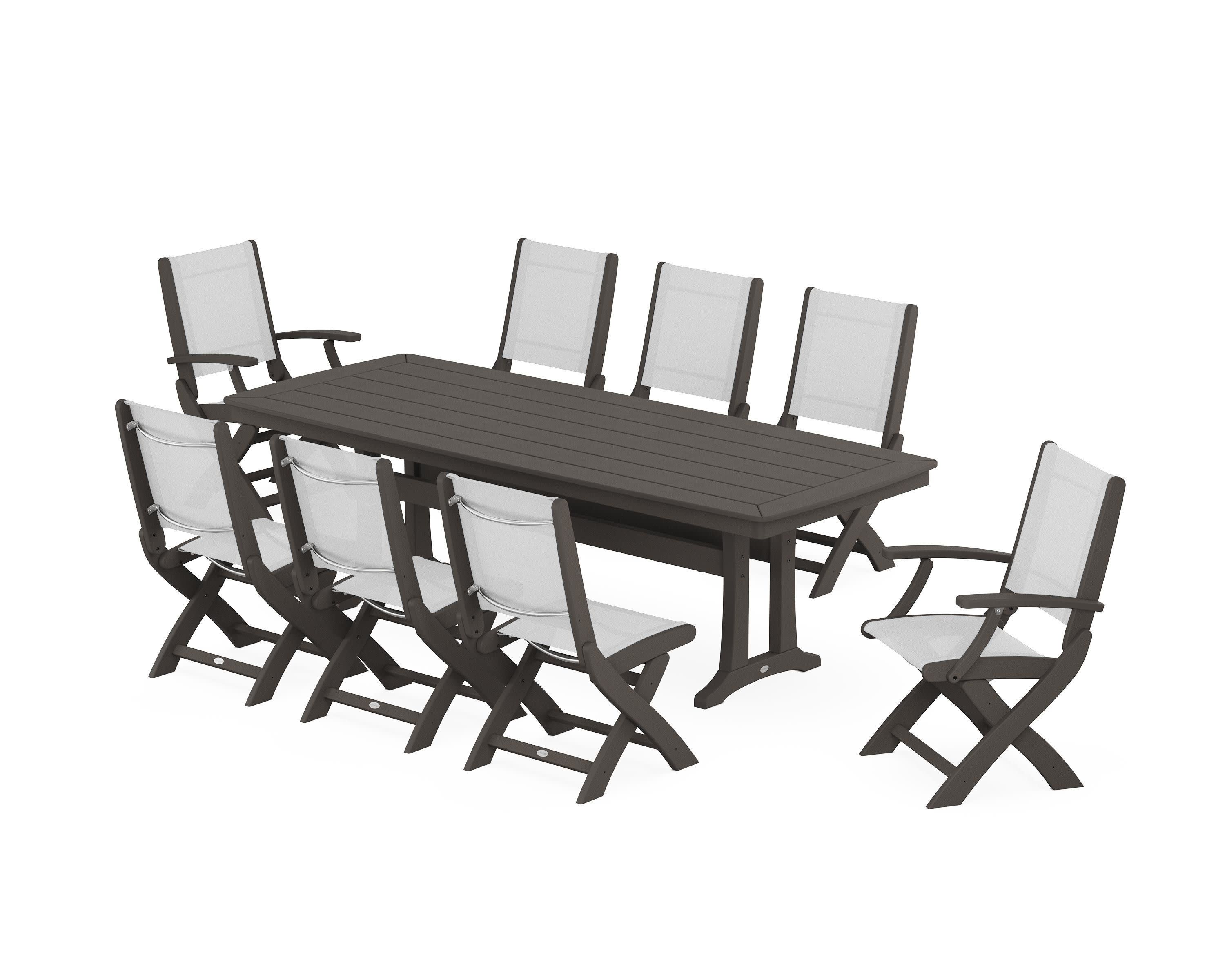 Coastal Folding 9-Piece Dining Set with Trestle Legs in Vintage Coffee / White Sling